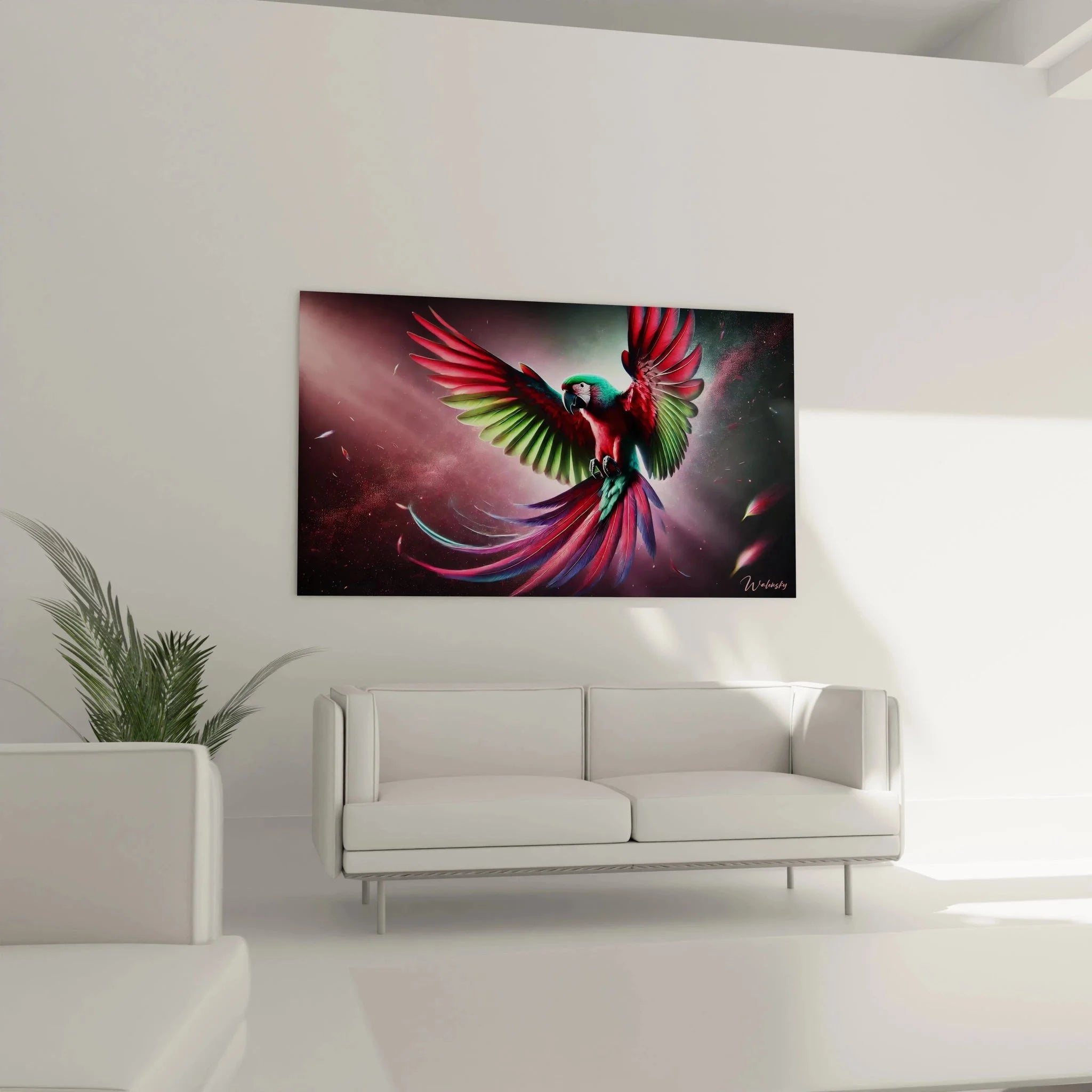 Detailansicht Papagei Wandbild - Nahaufnahme der prächtigen Federstruktur des fliegenden Ara