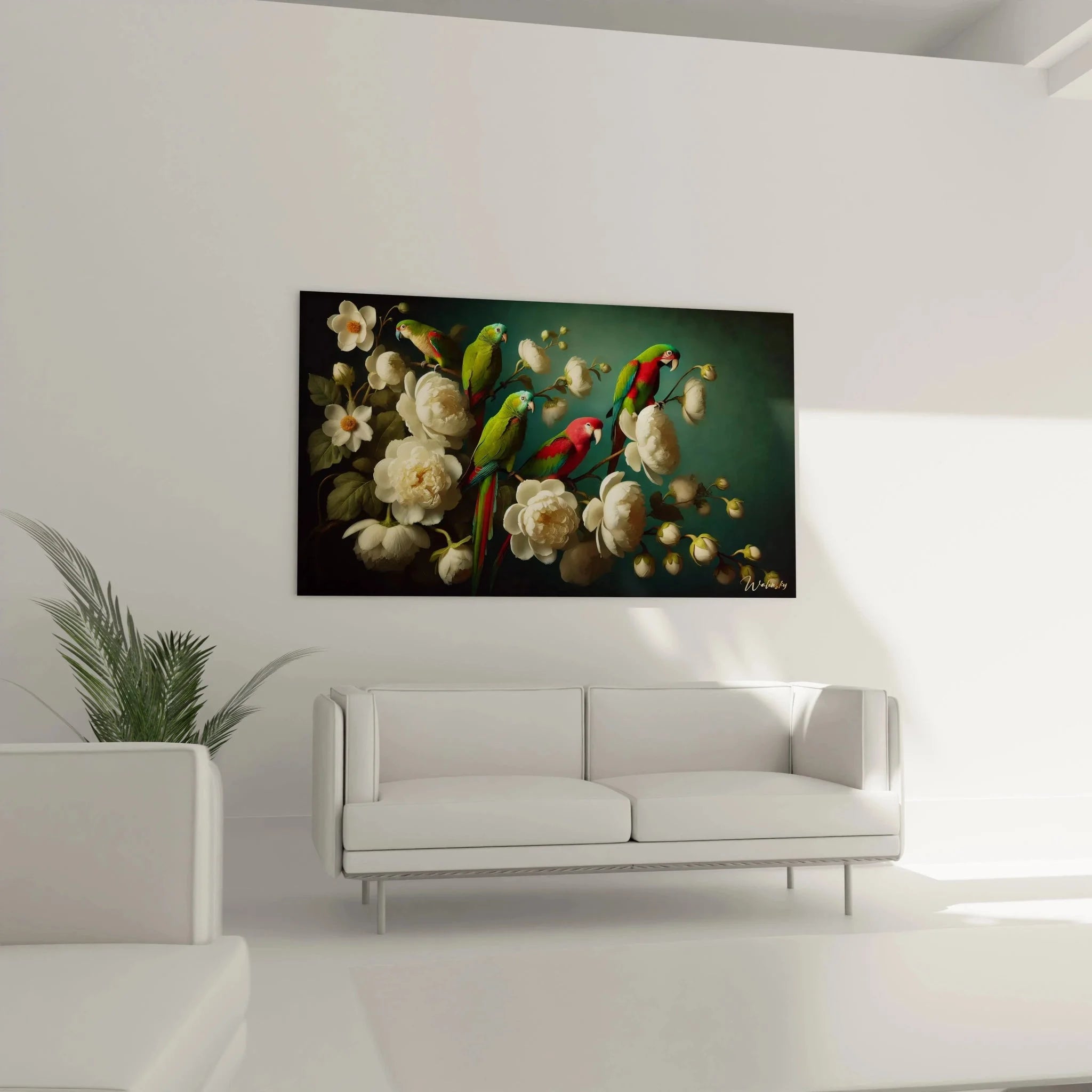 Detailansicht Papageien Wandkunst mit weißen Blüten - hochwertige botanische Wanddekoration