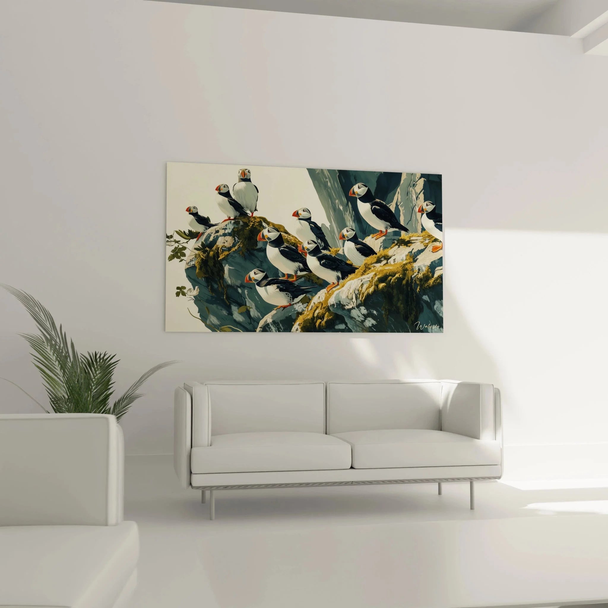 Detailansicht Papageitaucher Kunstdruck mit charakteristischen orangeroten Schnäbeln auf Felsklippen