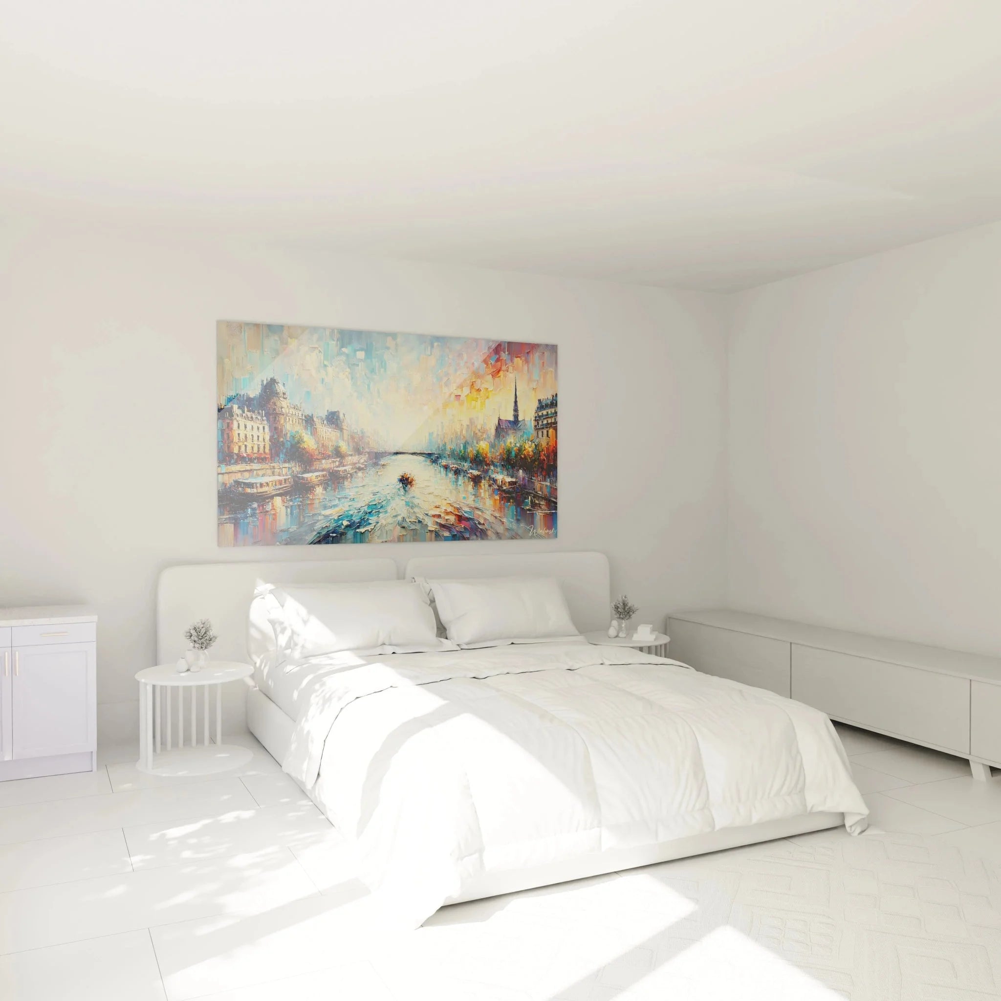 Paris Seine Kunstdruck in modernem Schlafzimmer mit impressionistischer Maltechnik