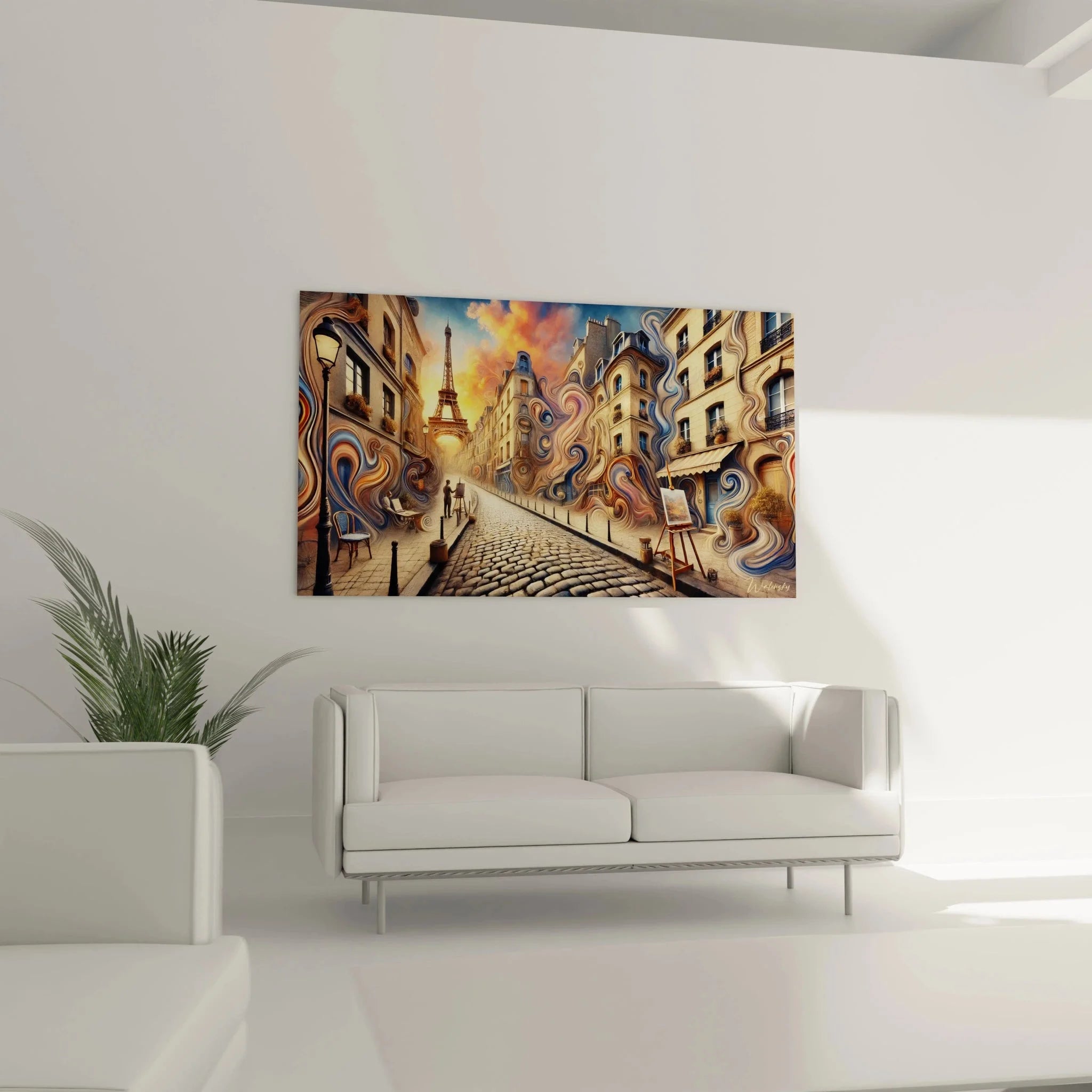 Detailansicht der surrealen ornamentalen Elemente im Paris Wandbild mit Architektur