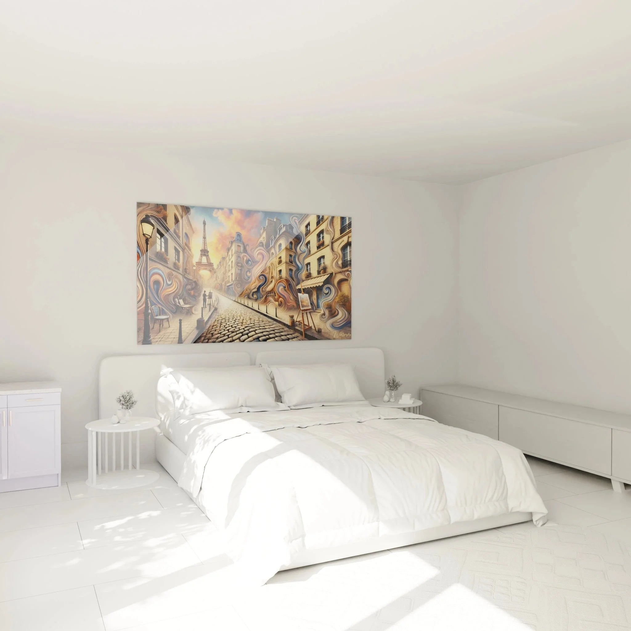 Paris Wandbild XXL mit Eiffelturm in modernem Schlafzimmer als stilvolle Wanddekoration