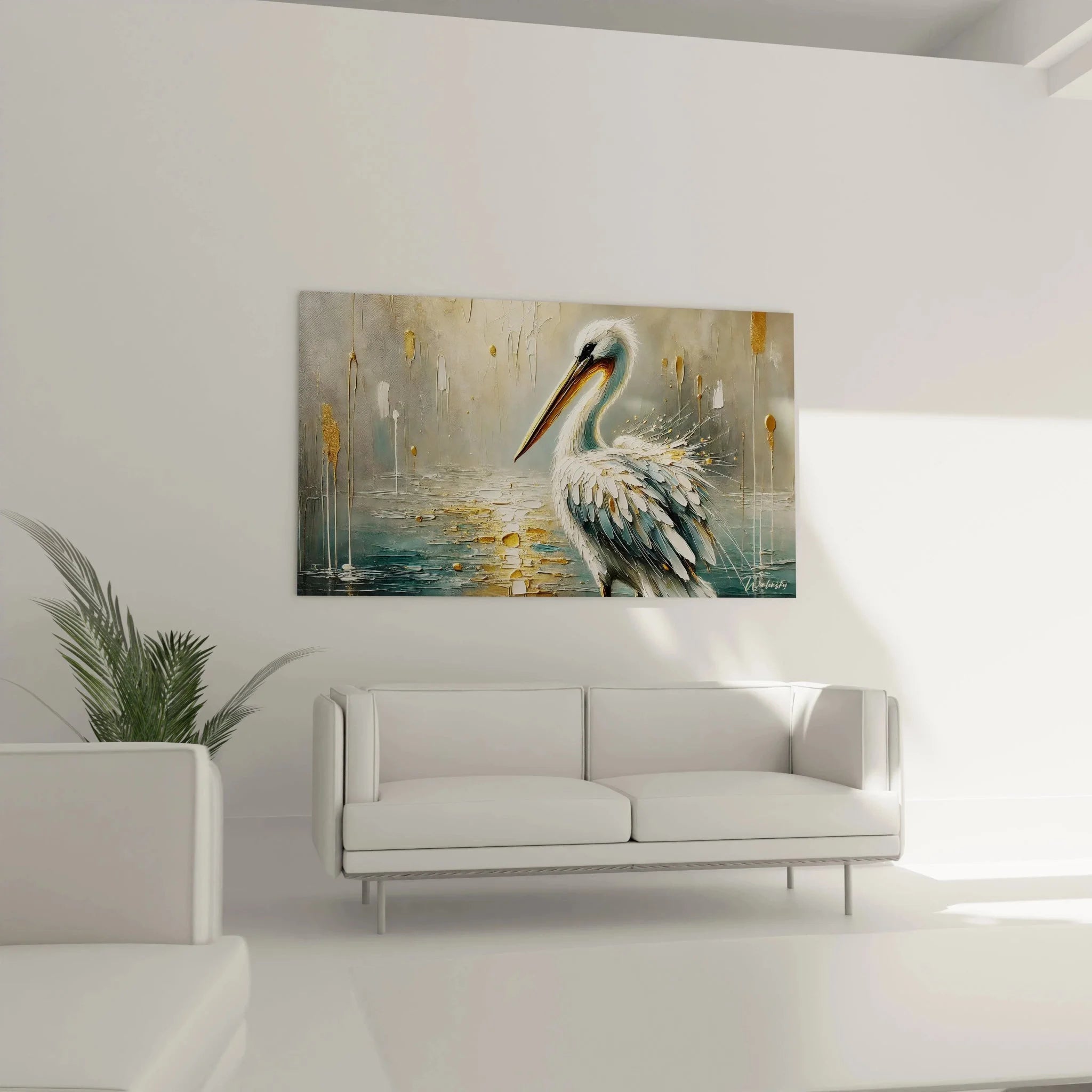 Nahaufnahme Pelikan Leinwandbild - Detailreiche Federstruktur und Regentropfen in modernem Malstil