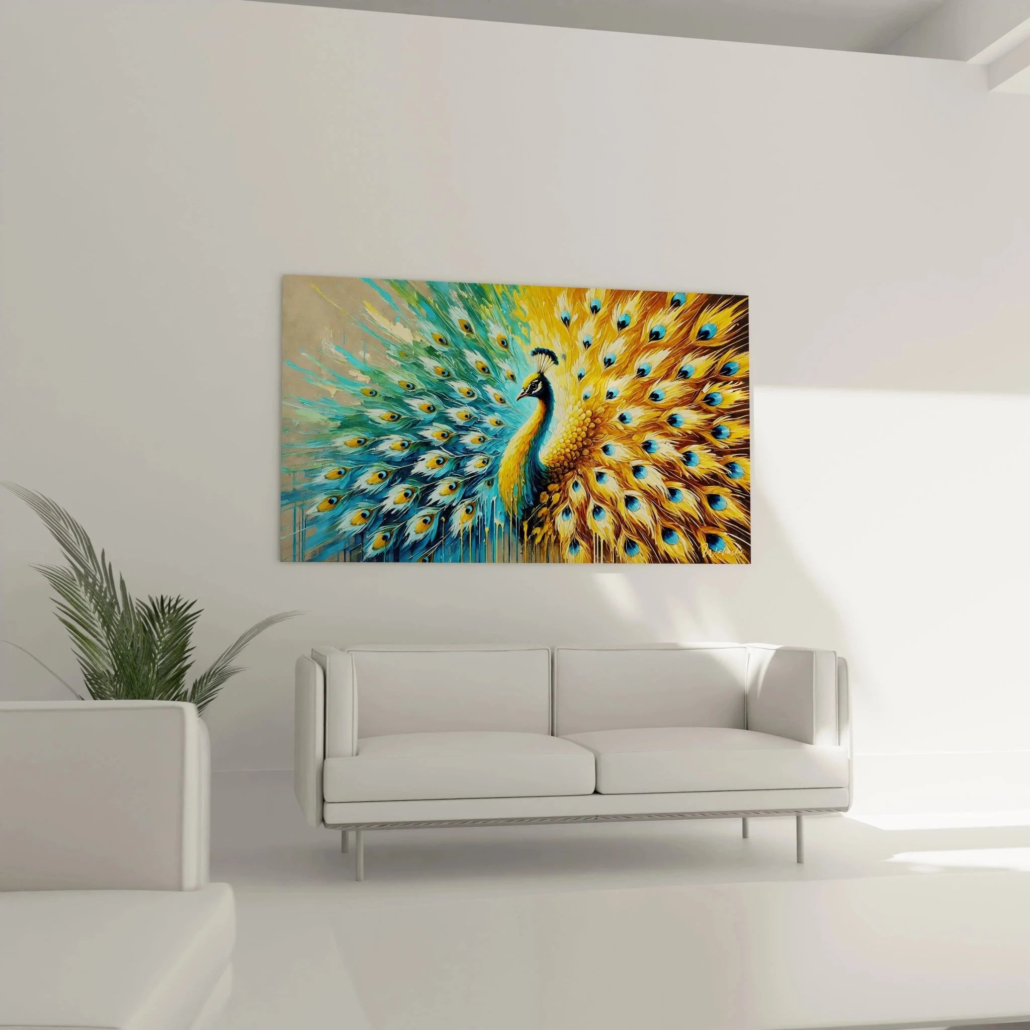 Detailansicht Pfau Gemälde mit prächtigen Augenfedern in türkisblau und gold schimmernden Farbtönen