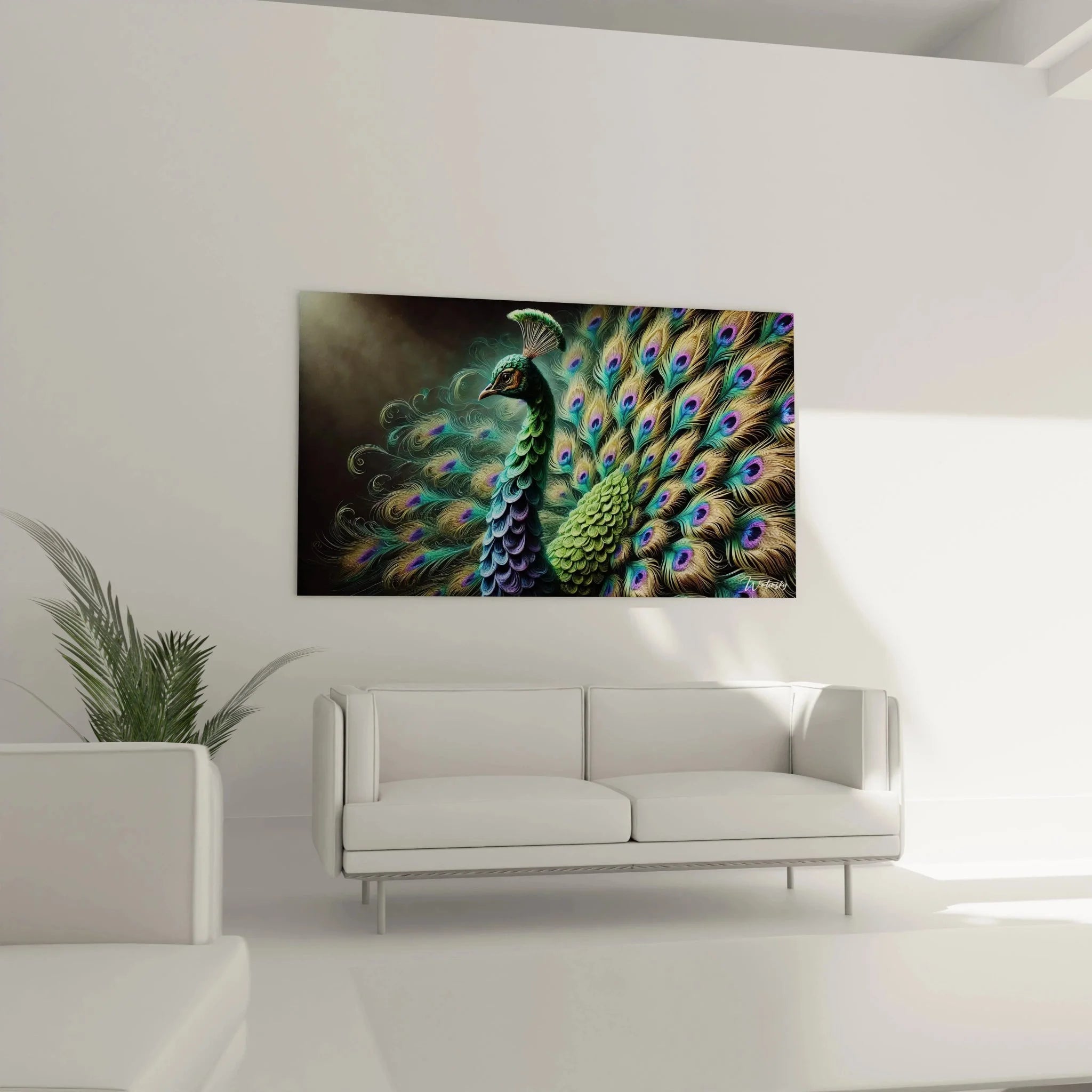 Detailaufnahme Pfau Kunstdruck mit irisierenden Augenfedern in Grün und Gold