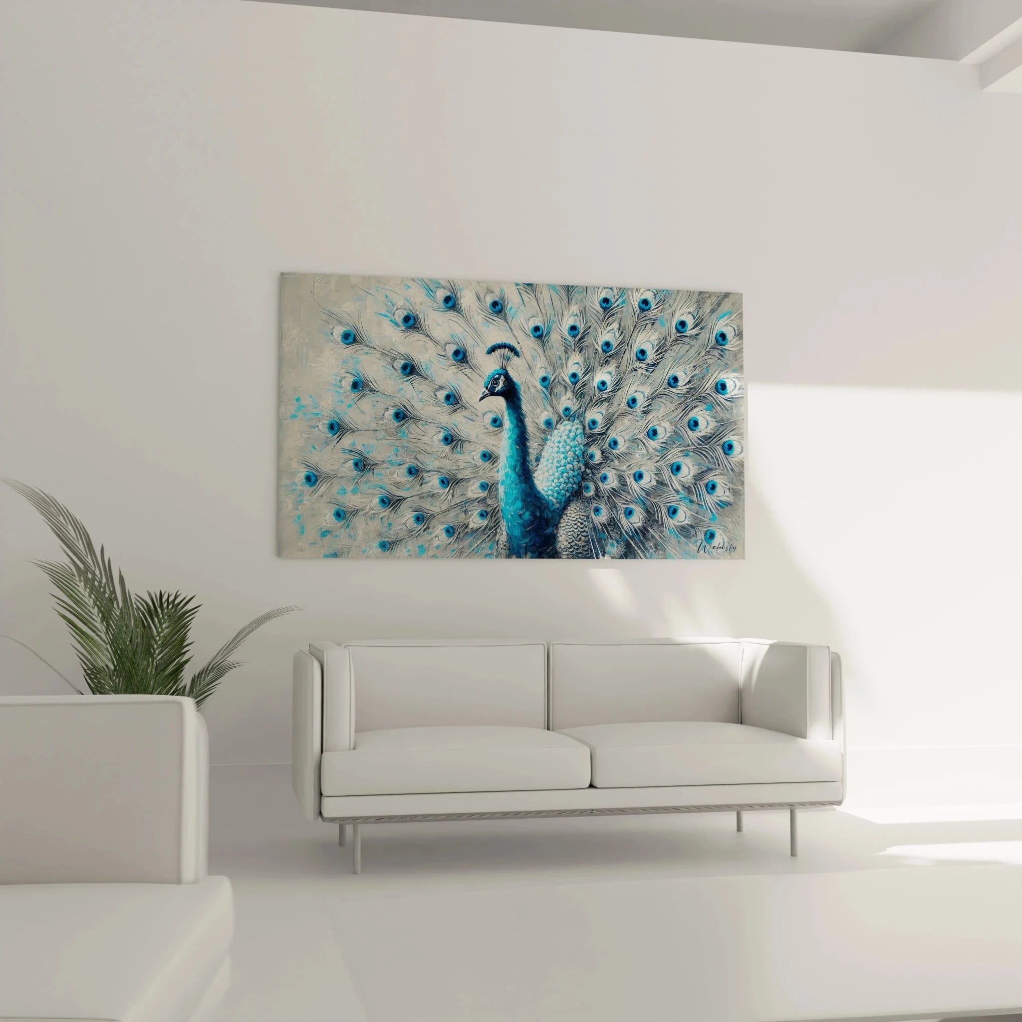 Pfau Kunstdruck Detailansicht - Nahaufnahme der kunstvollen Pfauenfedern mit blauen Augenzeichnungen