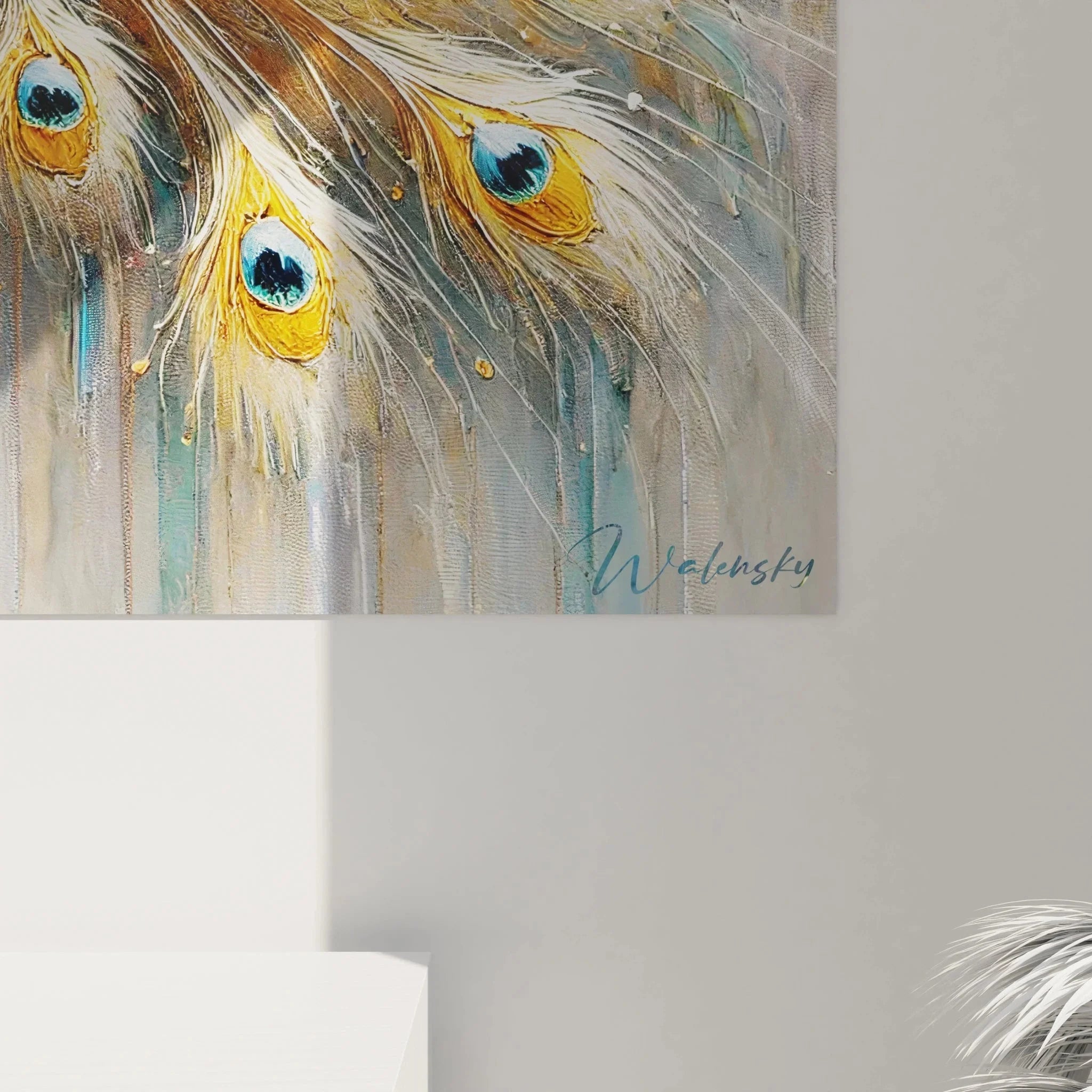 Gesamtansicht Pfau Leinwandbild XXL Format mit prachtvollem Federschmuck