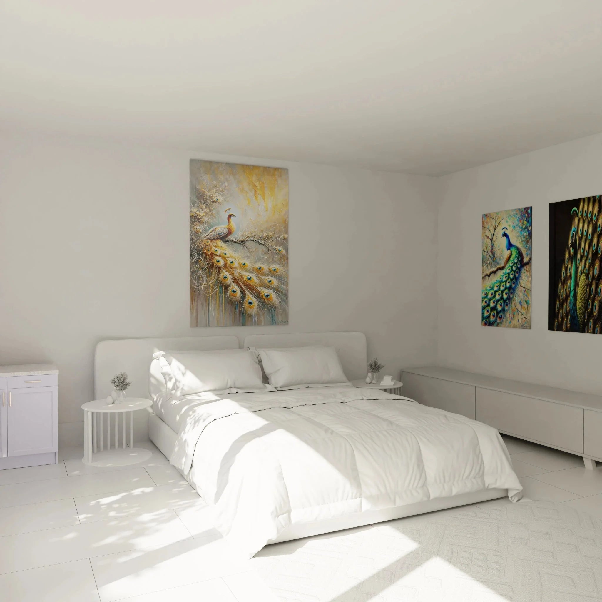 Wandbild Pfau Golden im modernen Schlafzimmer als edle Wanddekoration