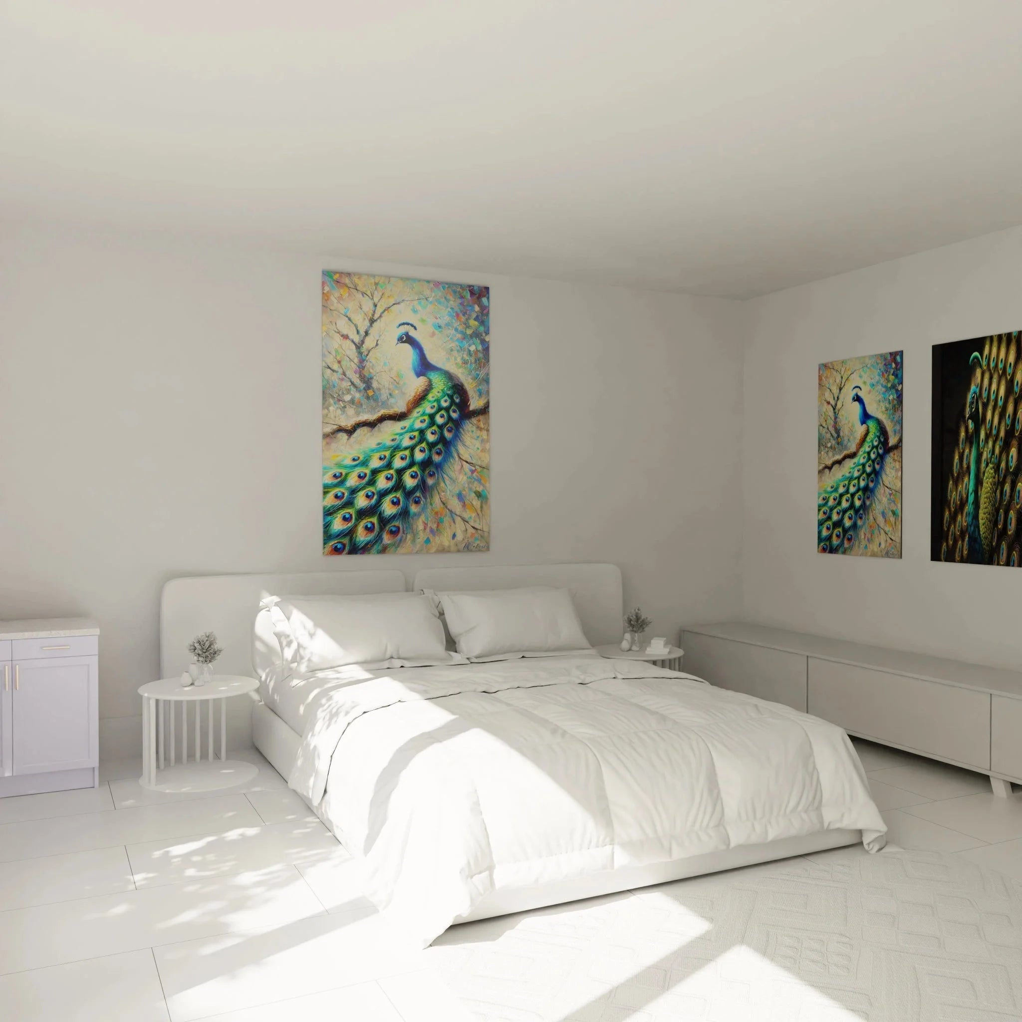 Pfau Wandbild im Schlafzimmer - Elegante Wanddekoration mit blauem Paradiesvogel, moderne Raumgestaltung