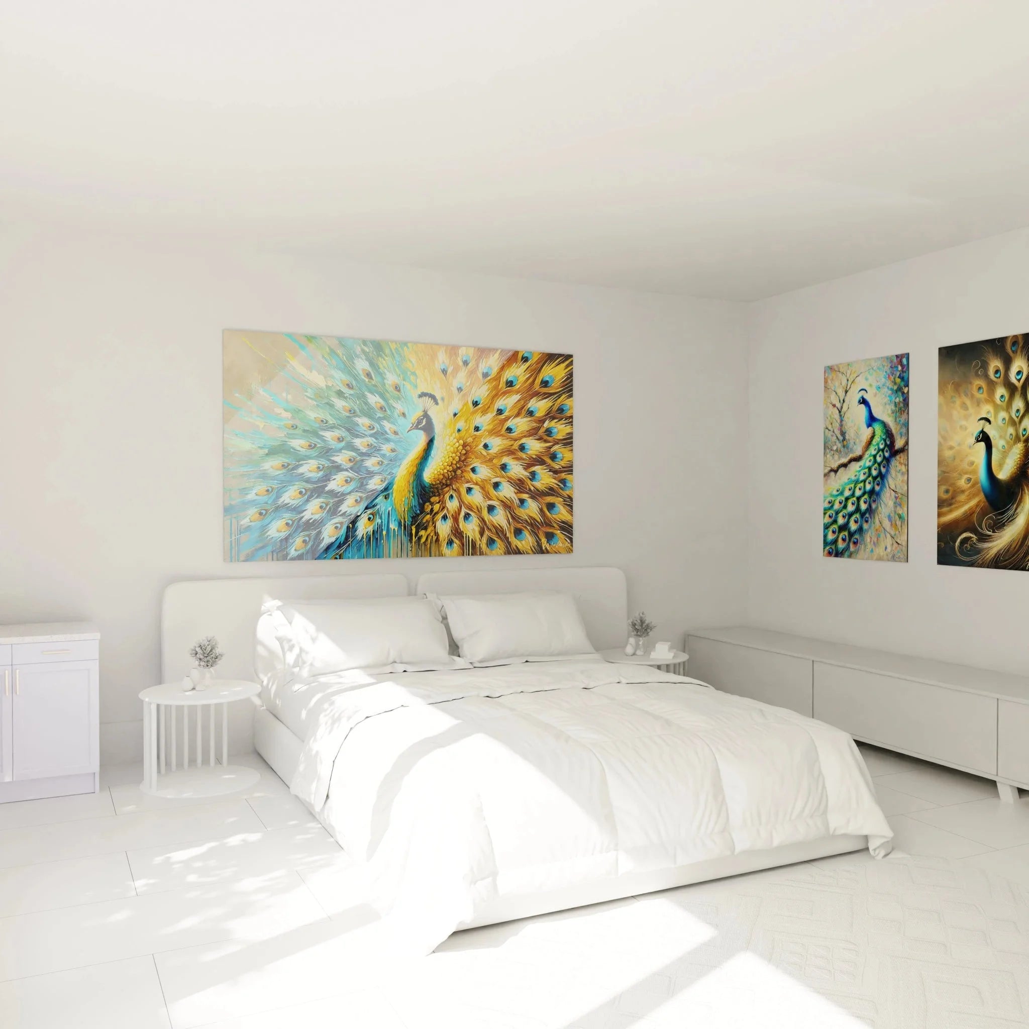 Pfau Wandbild XXL in elegantem Schlafzimmer Ambiente mit goldenen Farbakzenten und luxuriöser Ausstrahlung