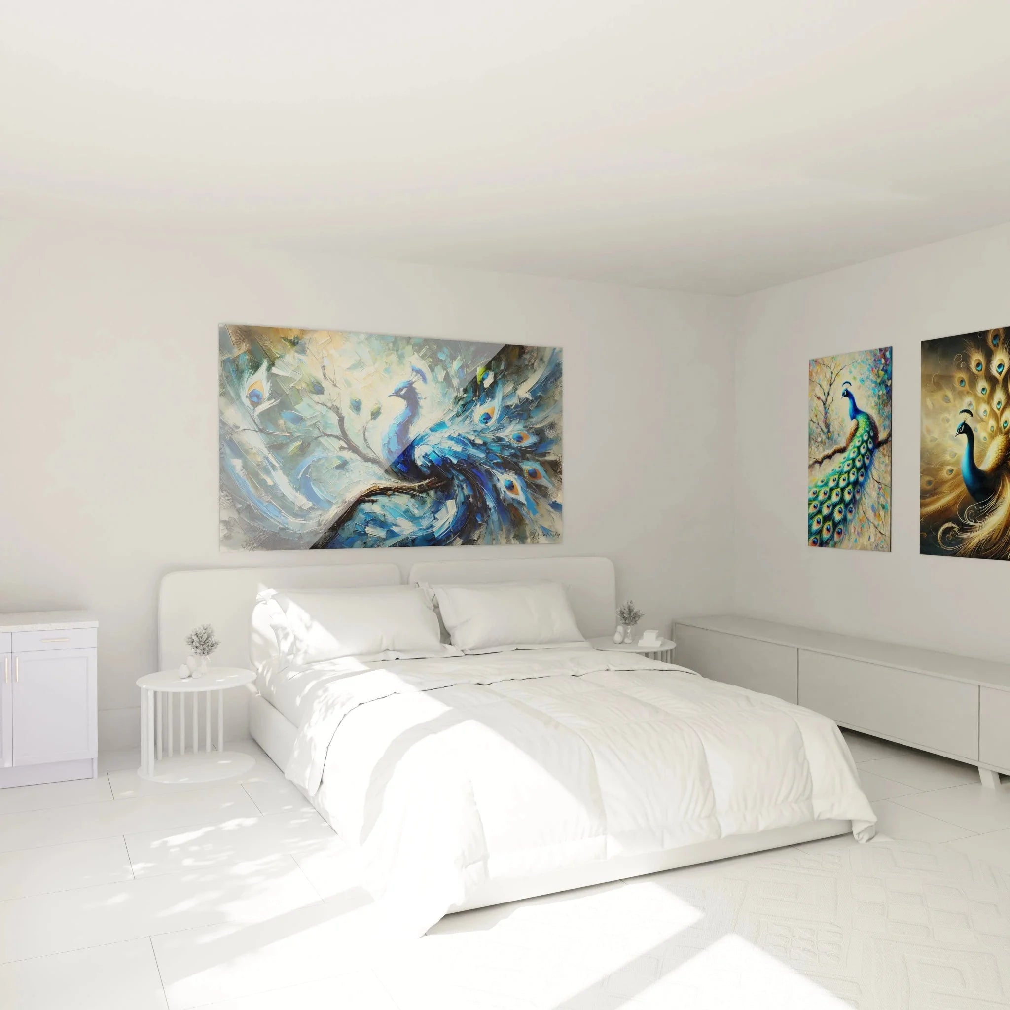 Pfau Wandbild in blau-türkisem Expressionismus Stil als Schlafzimmer Dekoration