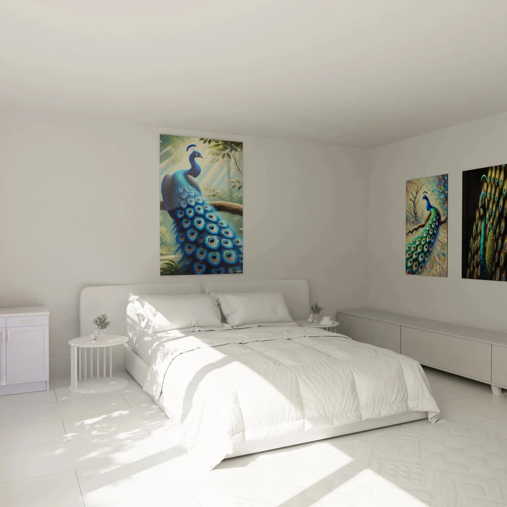 Wandbild Pfau XXL in Schlafzimmer Ambiente - elegante blaue Pfauenkunst als Wanddekoration