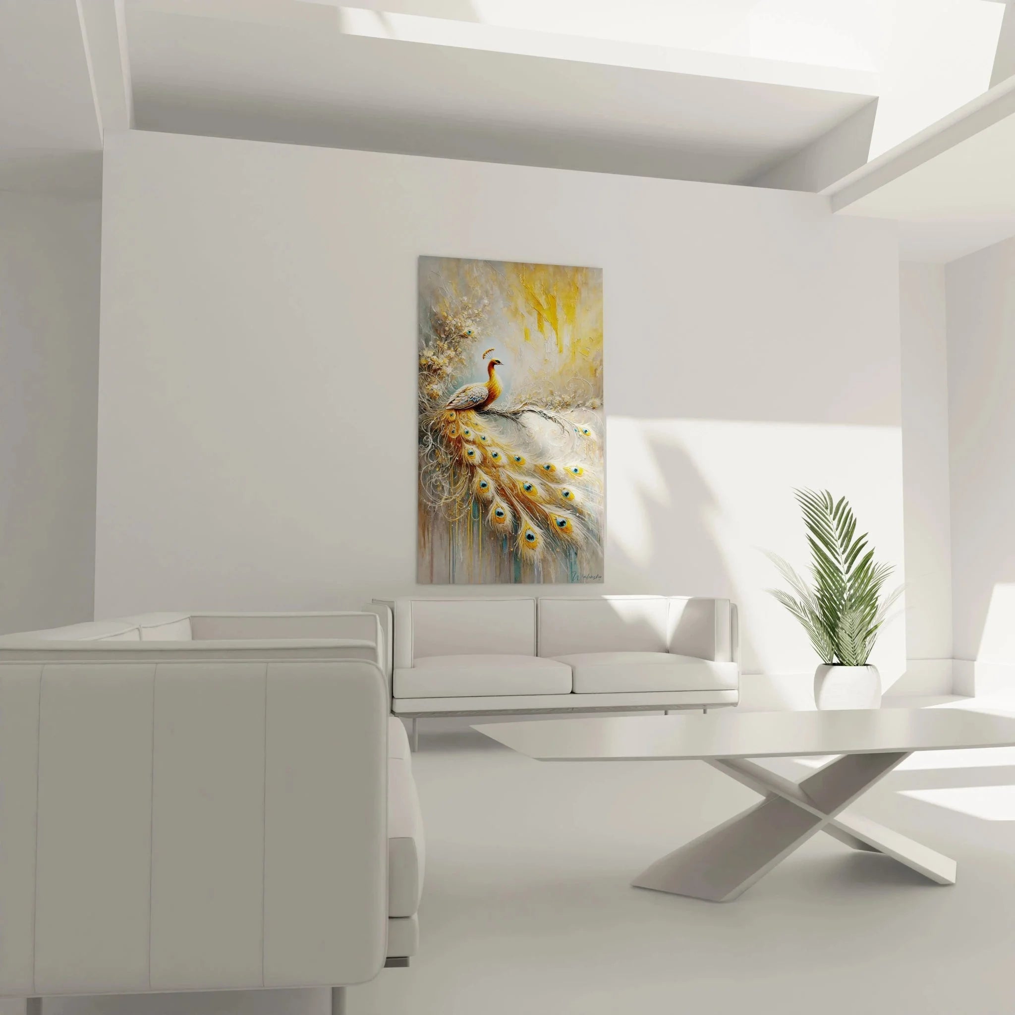 Detailansicht Pfau Wandbild mit kunstvollen goldenen Federn und Ornamenten