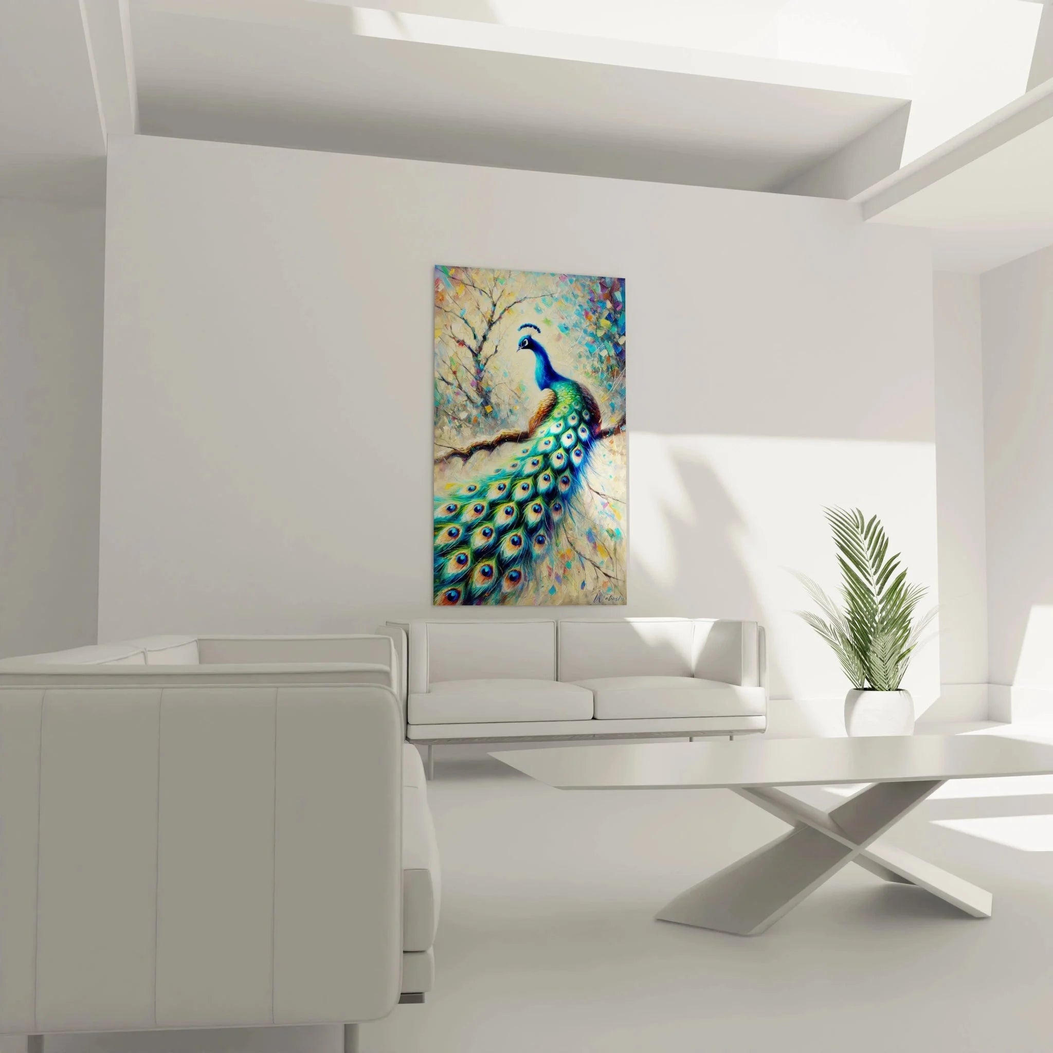 Pfauenfedern Wandbild Nahaufnahme - Detailansicht der leuchtenden blauen und goldenen Federaugen, Kunstdruck