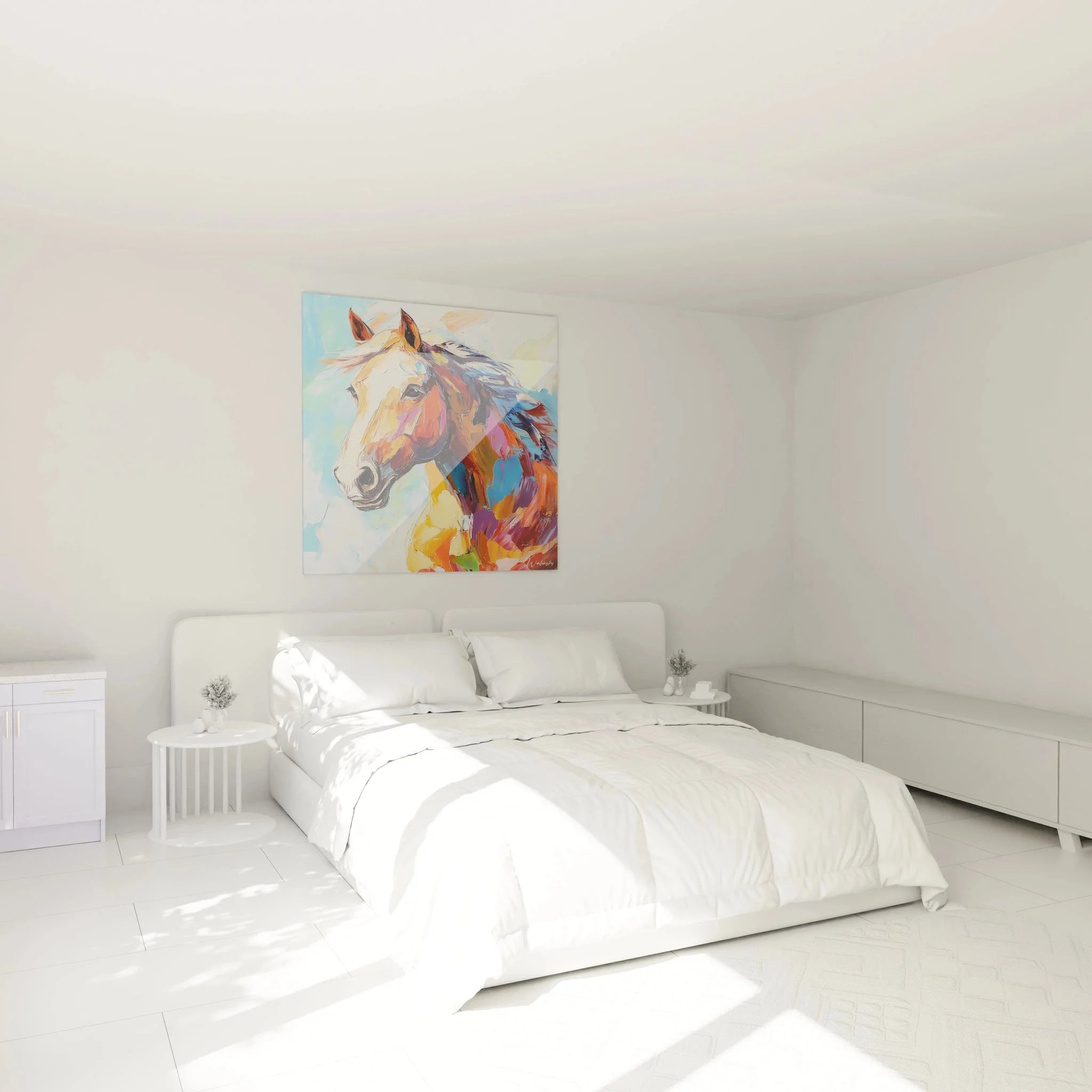 Buntes Pferdewandbild als Schlafzimmer Dekoration - farbenfrohe moderne Wandkunst