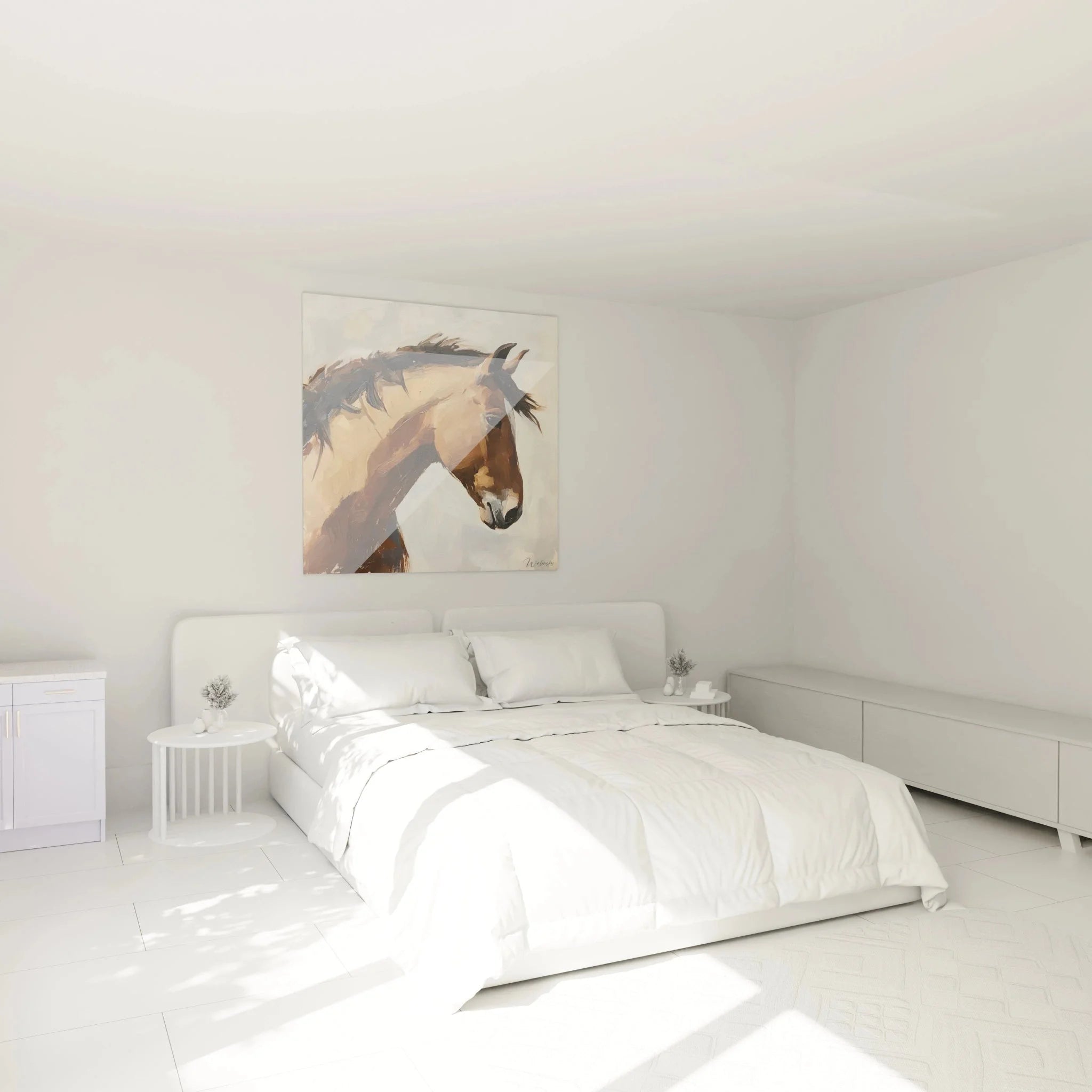 Pferde Wandbild braun in modernem Schlafzimmer - elegante Wanddekoration mit Pferdemotiv