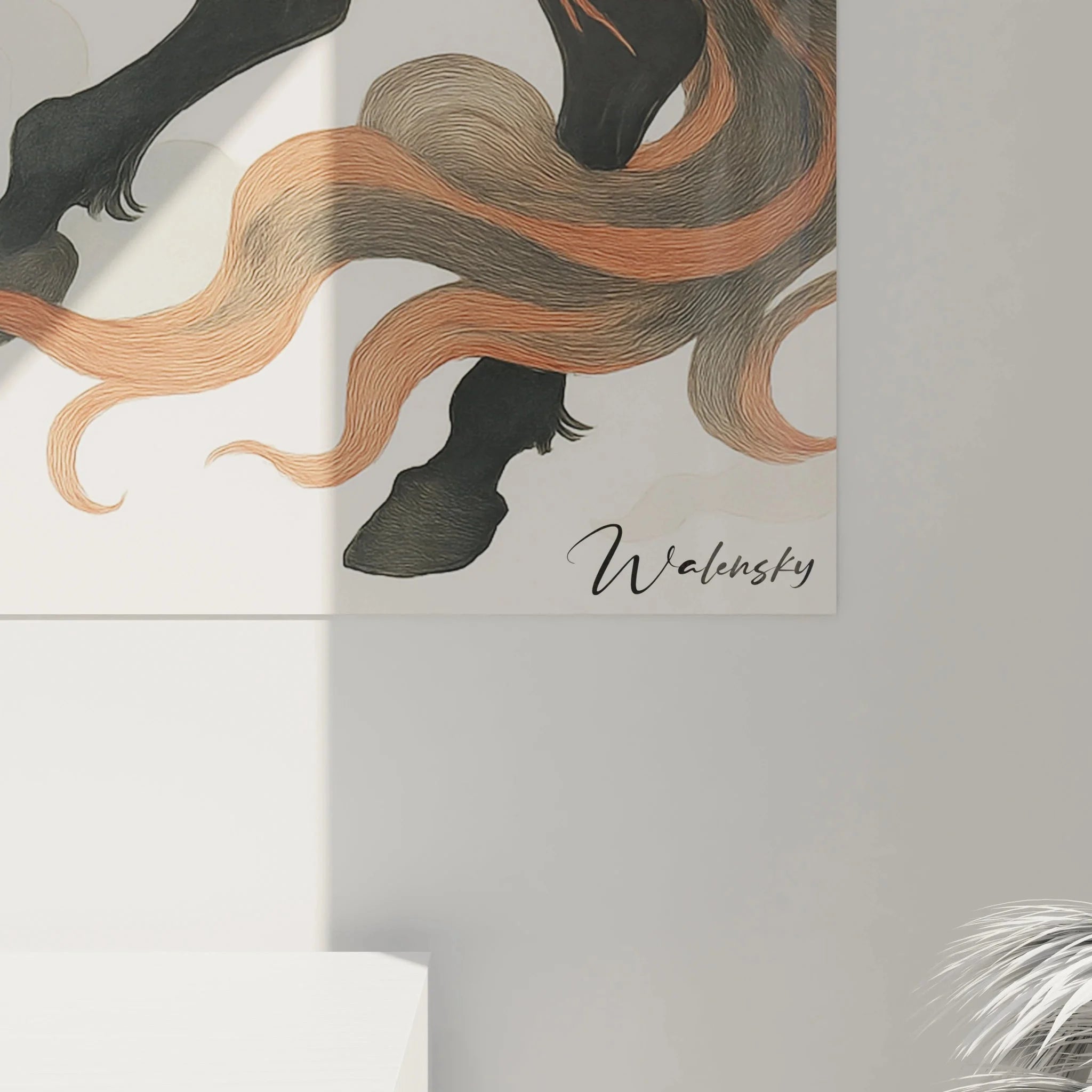 Gesamtansicht chinesisches Pferde-Wandbild mit dynamischer Komposition und traditionellen Gestaltungselementen