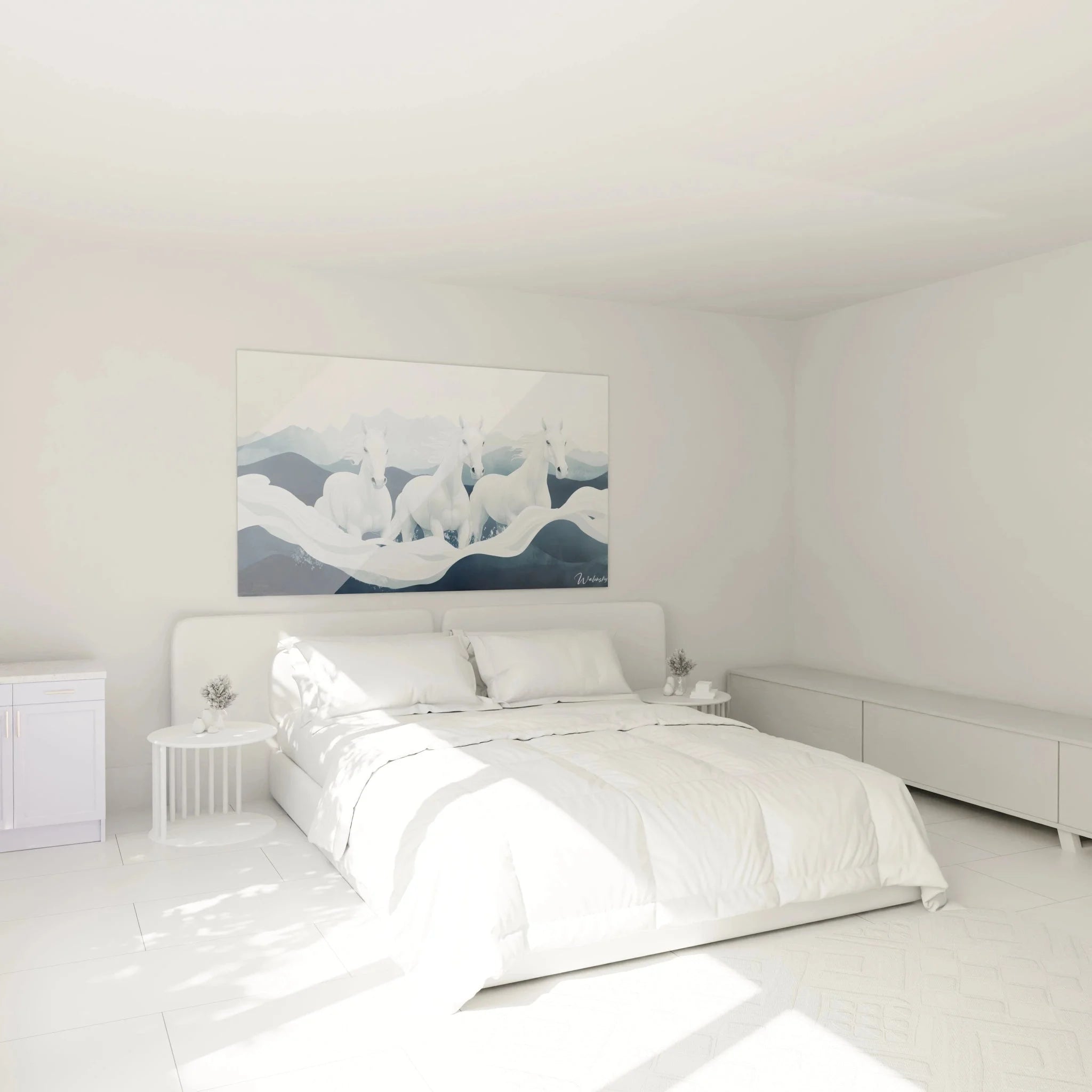 Weiße Pferde Wandbild in modernem Schlafzimmer, romantische Wanddekoration