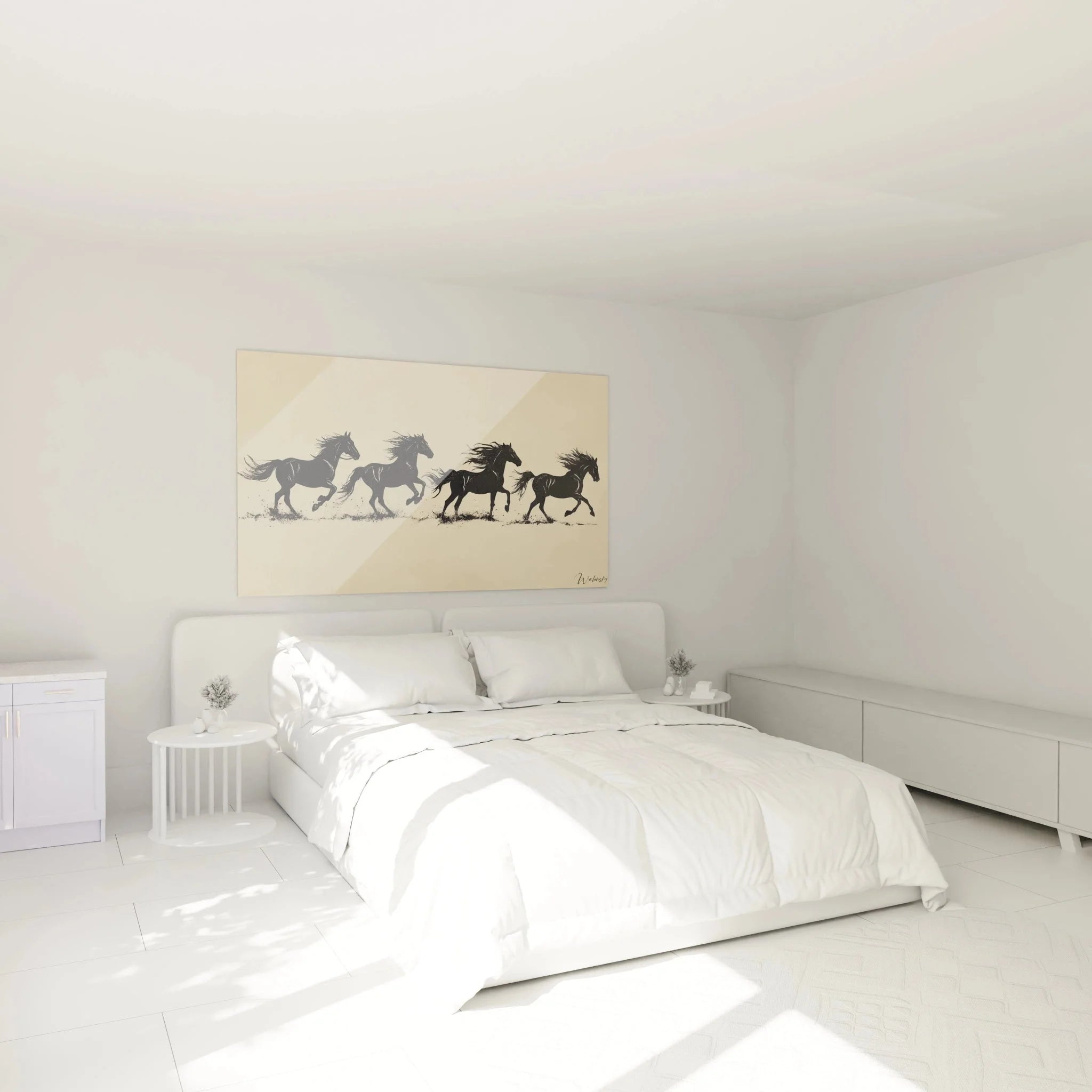 Pferdesilhouetten Wandbild in elegantem Schlafzimmer mit modernen Möbeln