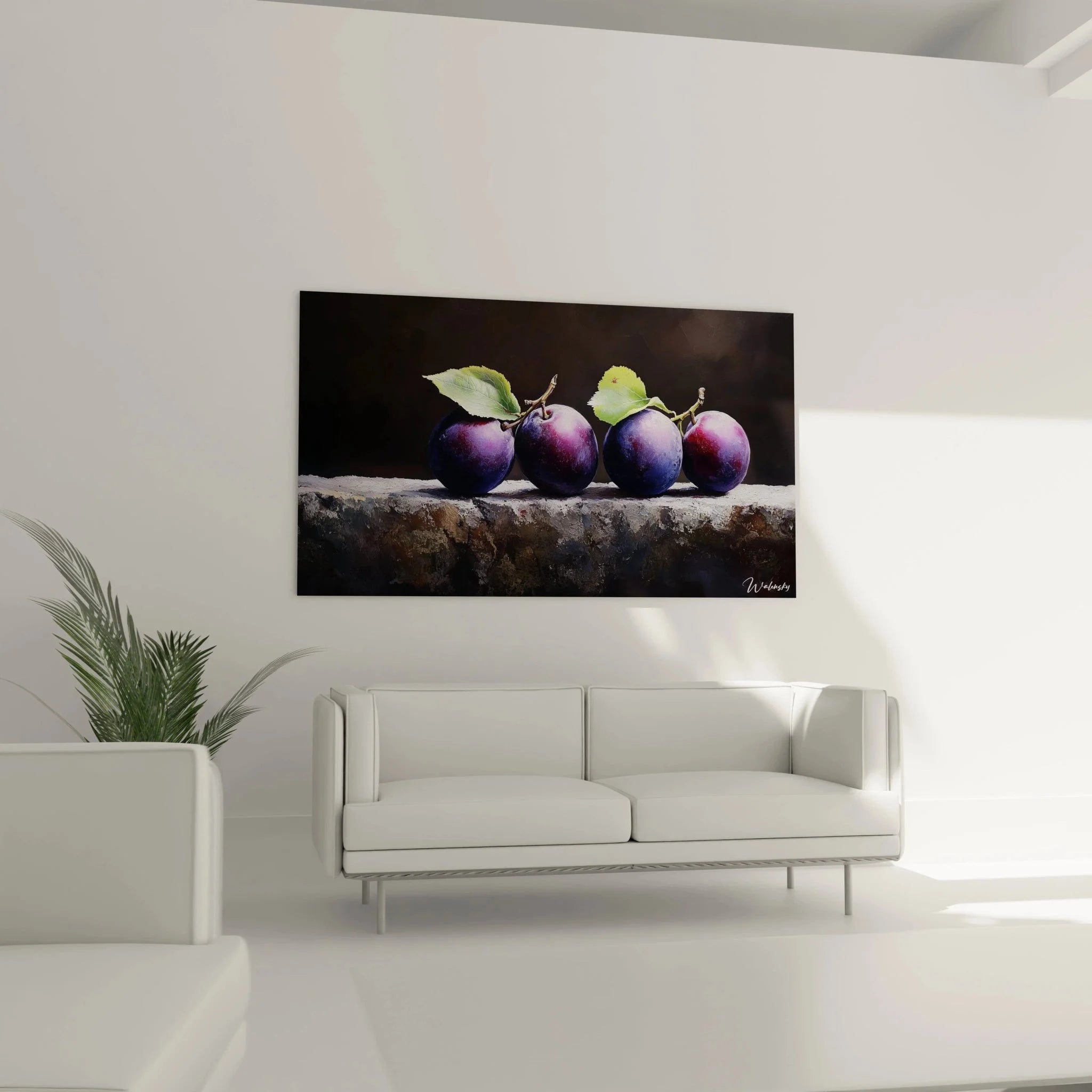 Detailansicht Pflaumen Wandbild, realistische Darstellung violetter Früchte mit grünen Blättern