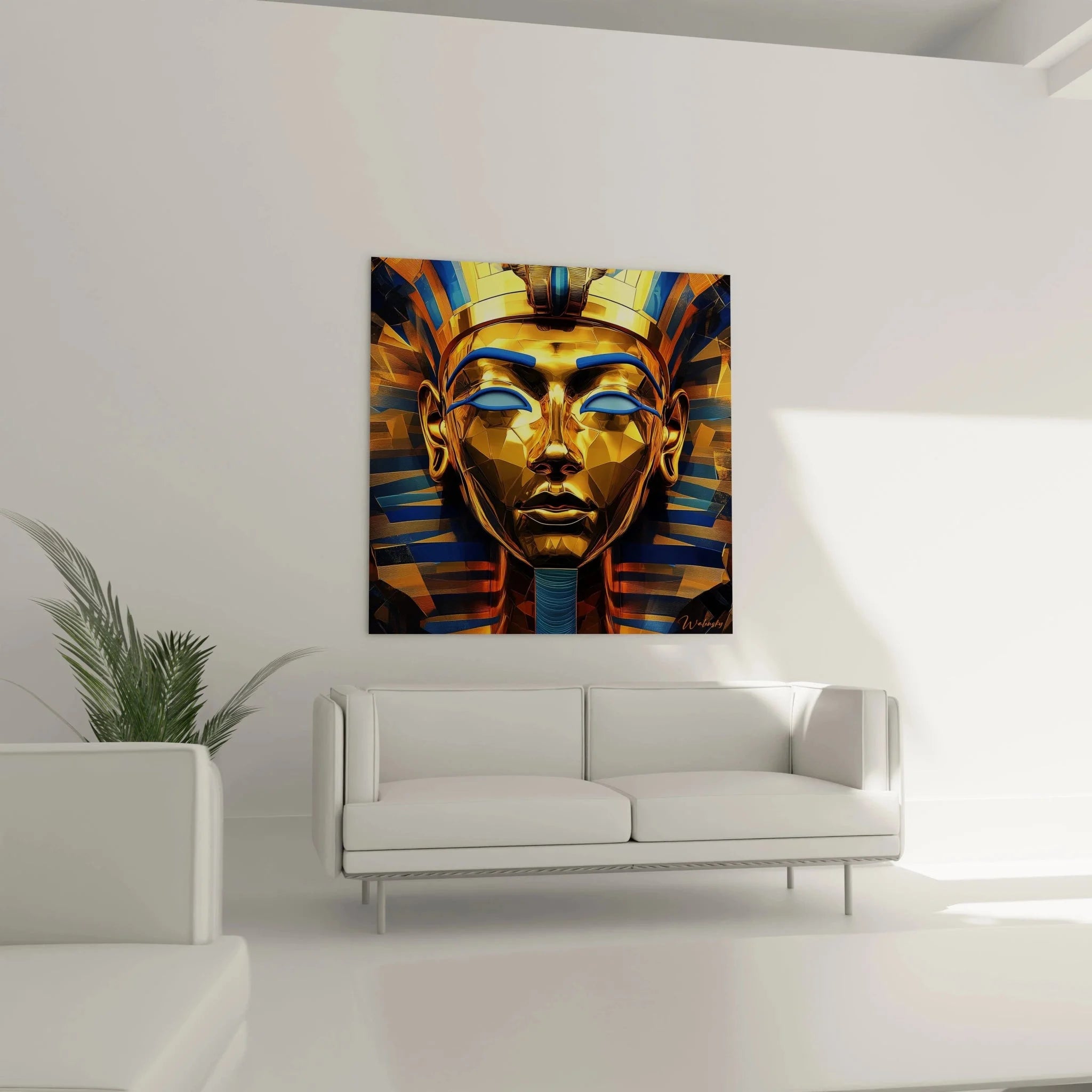 Detailansicht Pharao Wandbild Tutanchamun, goldene Maske mit blauen Akzenten in Polygonoptik