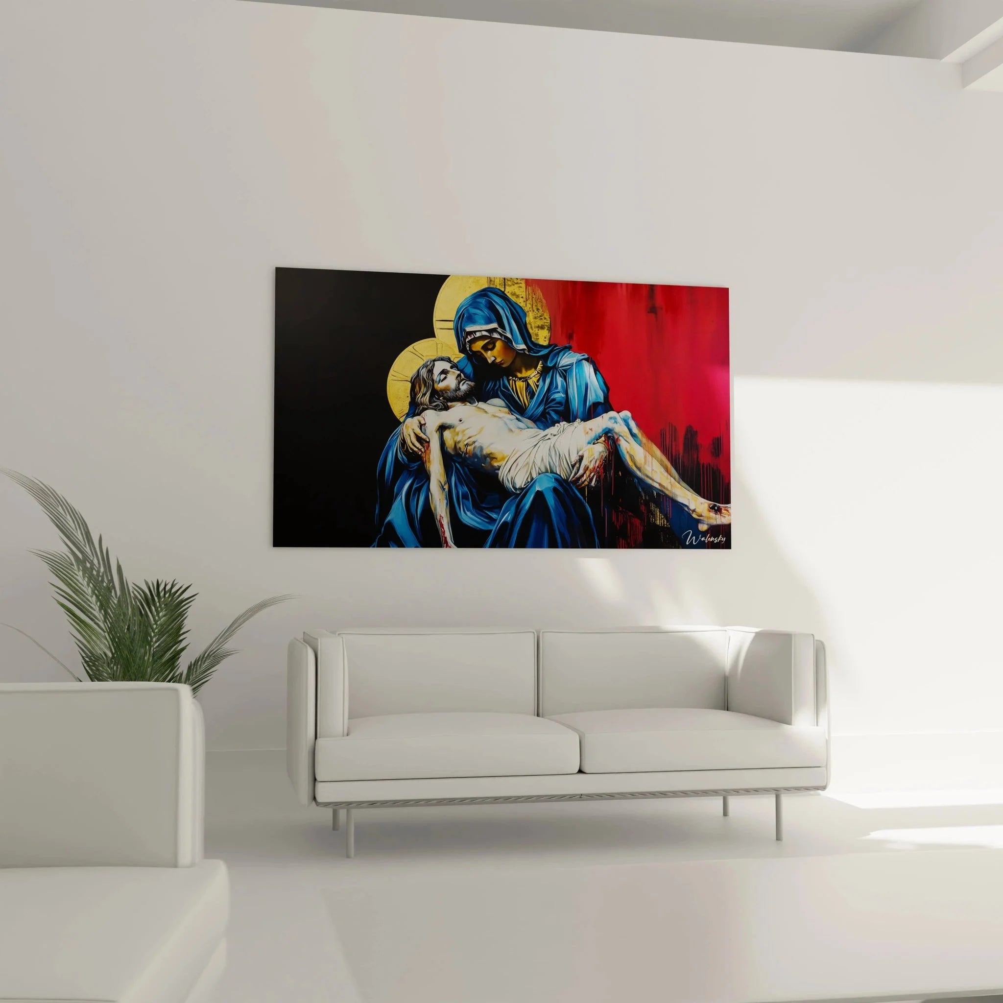 Detailansicht Pietà Wandbild mit emotionalen Gesichtszügen und goldenen Heiligenscheinen