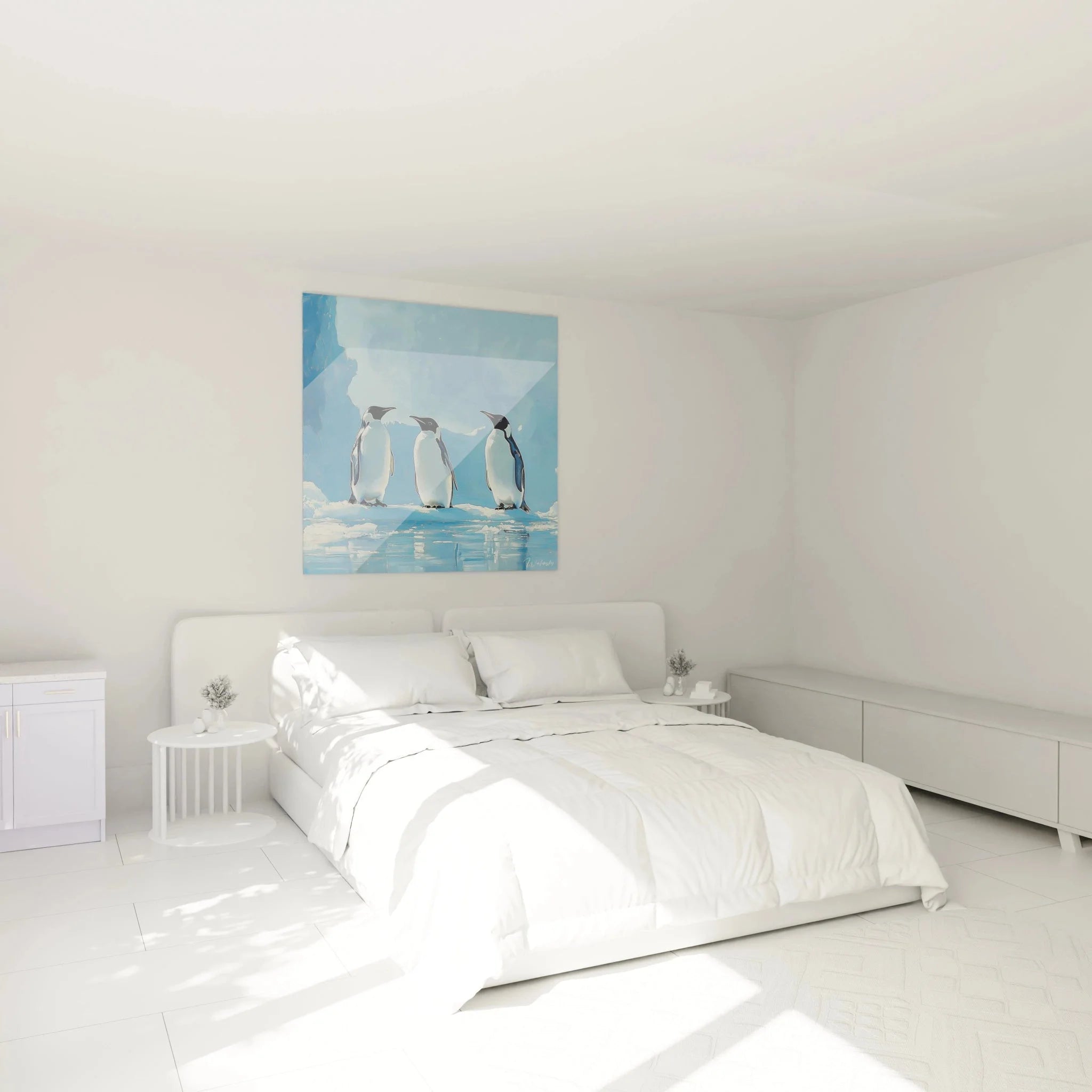 Pinguine Wandbild in modernem Schlafzimmer über dem Bett - antarktische Wanddekoration in Blautönen