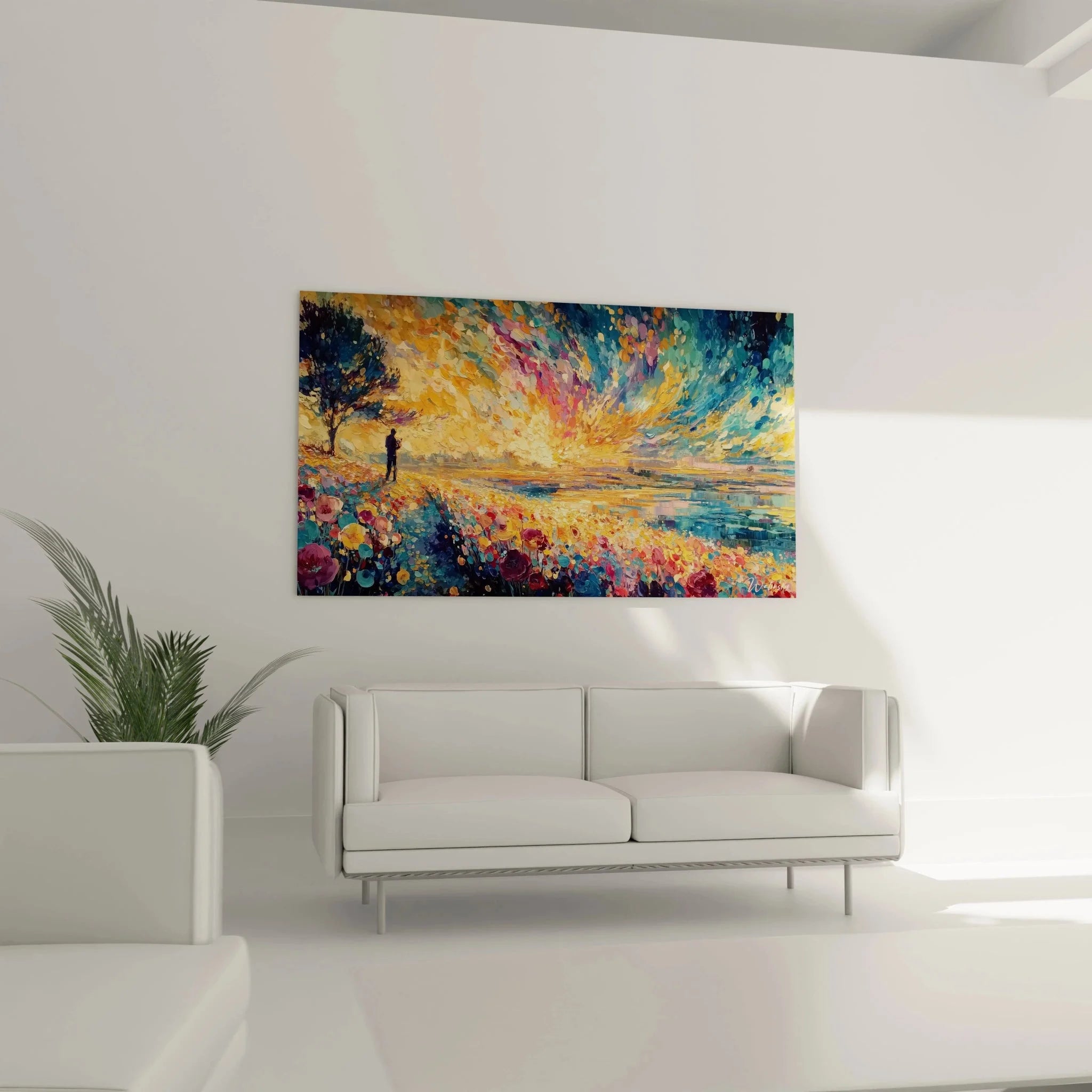 Detailansicht Pointillismus Maltechnik mit Farbtupfen in Sonnenuntergang Meer Wandbild