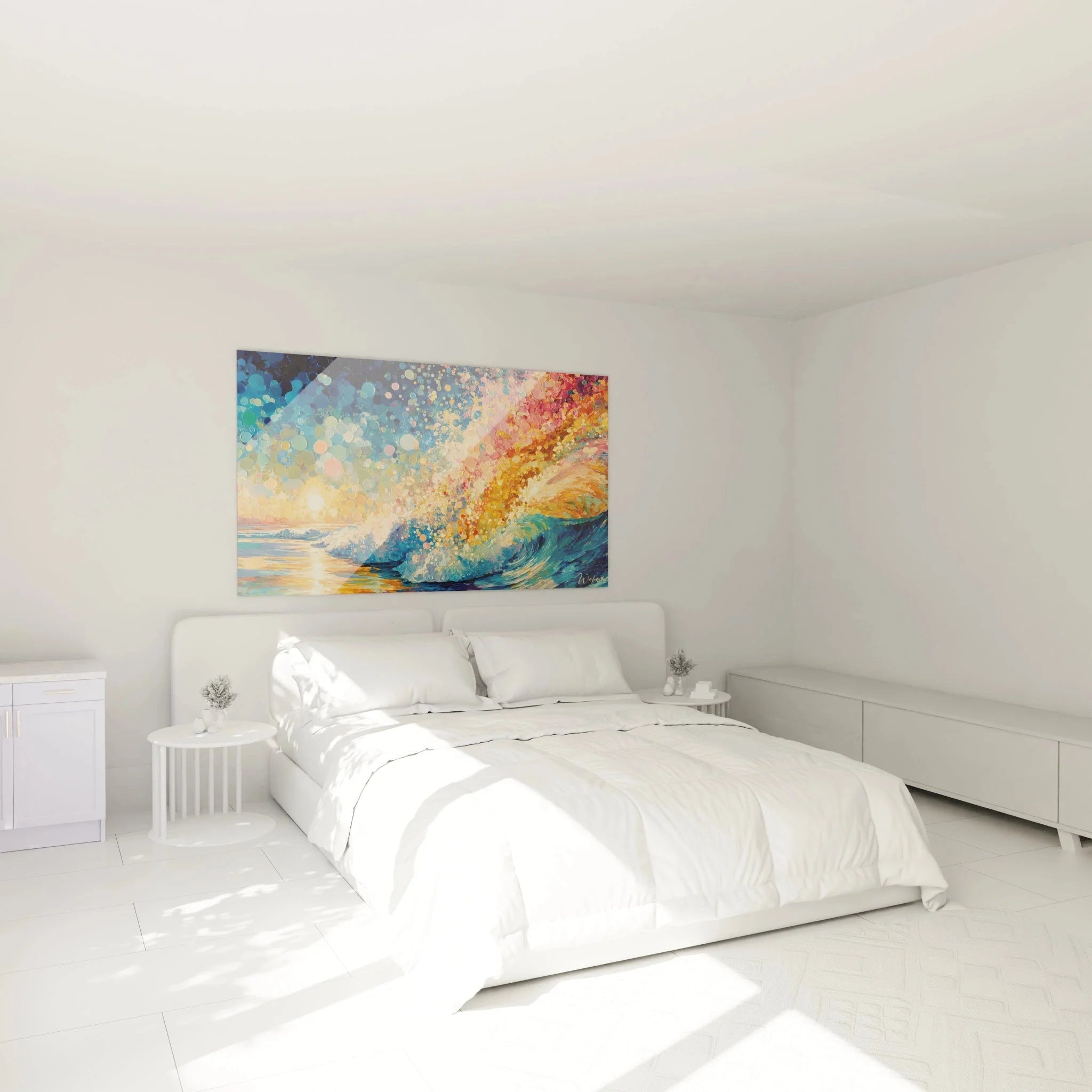 Pointillismus Ozeanwelle Wandbild als stilvolle Wanddekoration im modernen Schlafzimmer-Ambiente