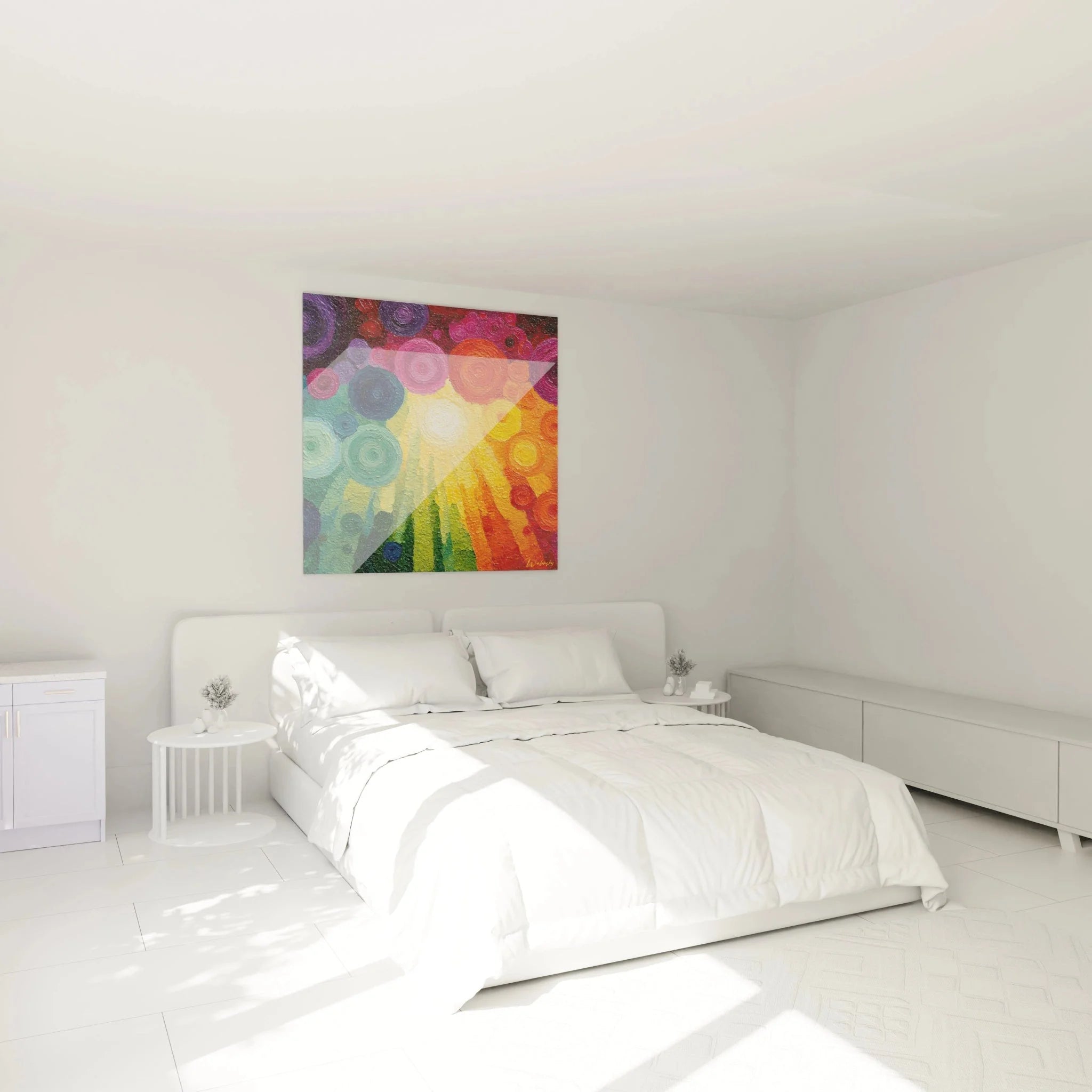 Pointillismus Wandbild Sonnenaufgang im Schlafzimmer mit warmen Farben und moderner Einrichtung