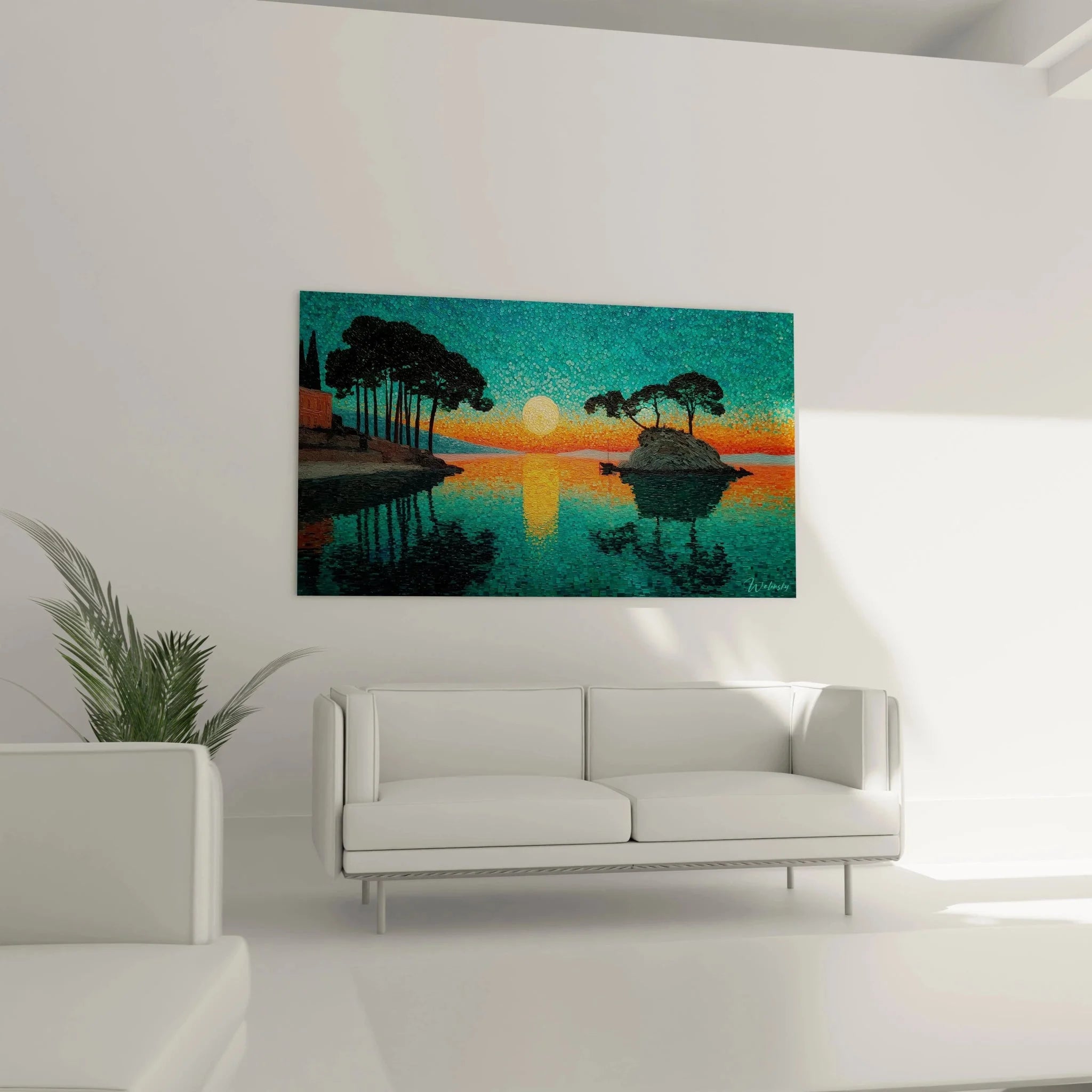 Detailansicht der Pointillismus Technik mit türkisen und orangen Farbpunkten im Sonnenuntergang Wandbild