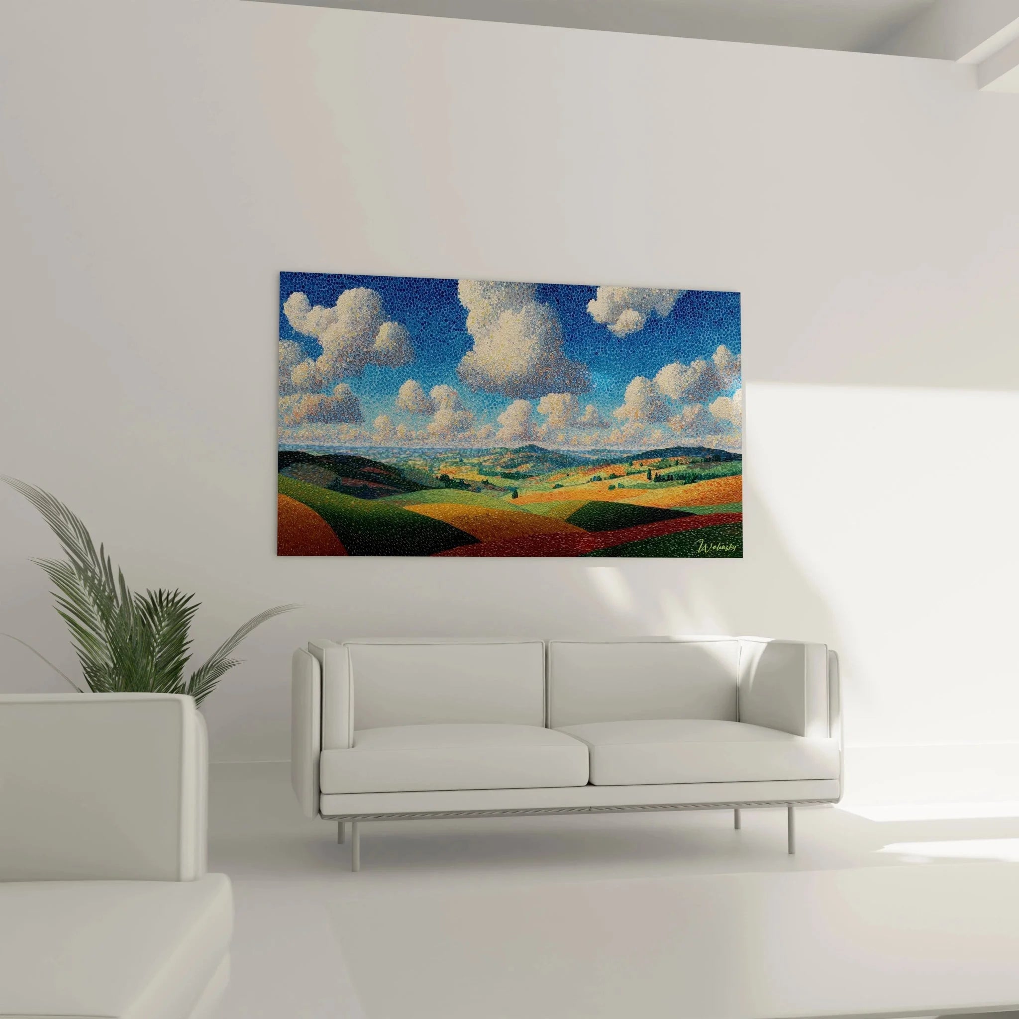 Detailansicht Pointillismus Technik Hügellandschaft Wandbild mit charakteristischen Farbpunkten und Strukturen