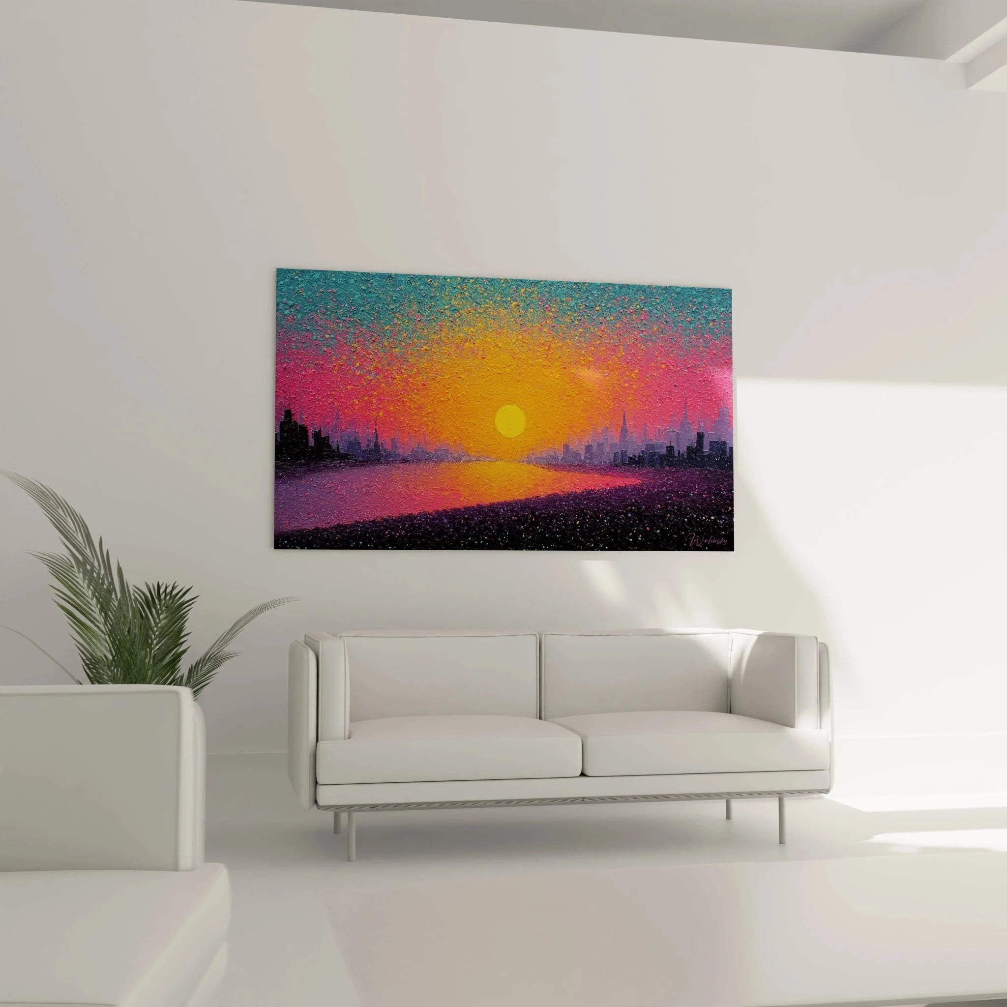 Nahaufnahme Pointillismus Technik Wandbild Sonnenuntergang Detail Farbpunkte Stadtsilhouette Kunstwerk