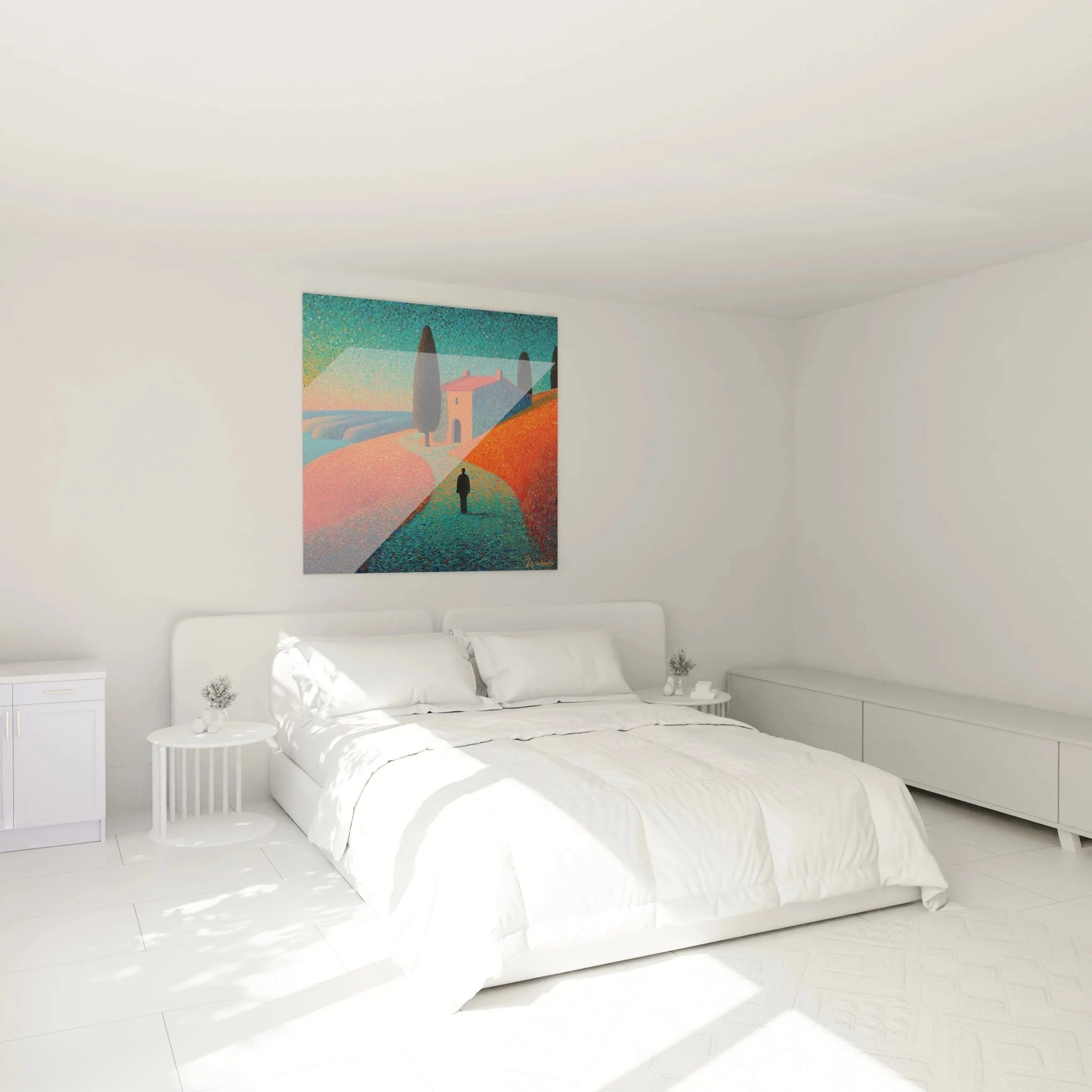 Pointillismus Wandbild mediterrane Landschaft als Schlafzimmer Dekoration XXL Format toskanische Villa