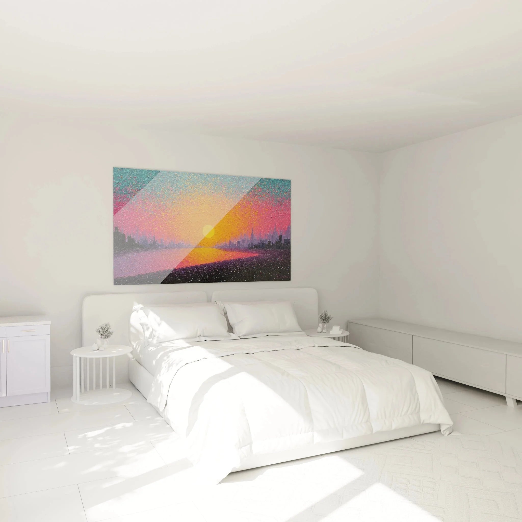 Pointillismus Wandbild Sonnenuntergang Stadtpanorama in Schlafzimmer Ambiente moderne Wandkunst Dekoration