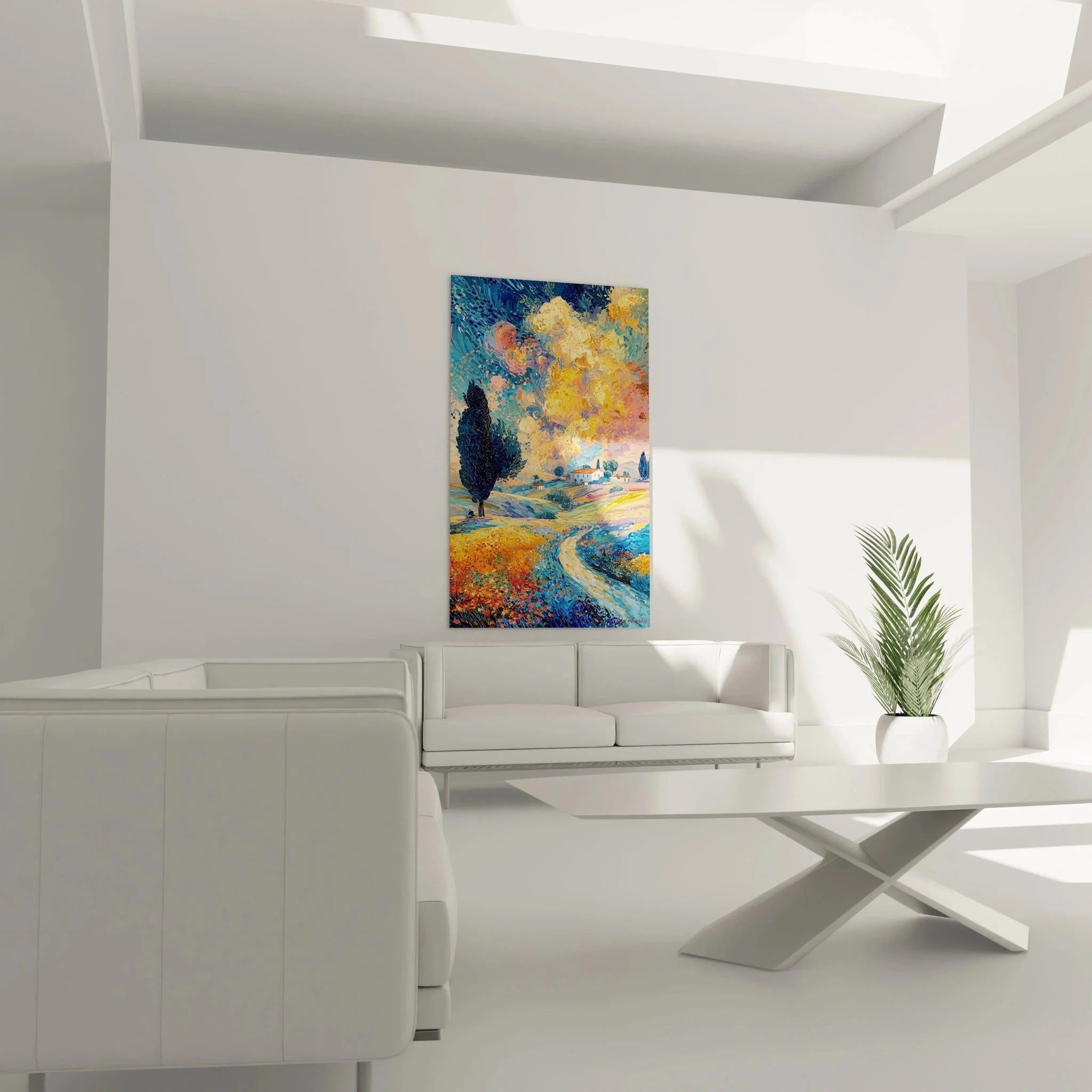 Detailansicht Pointillismus Wandbild Toskana mit charakteristischen Farbpunkten und Zypresse