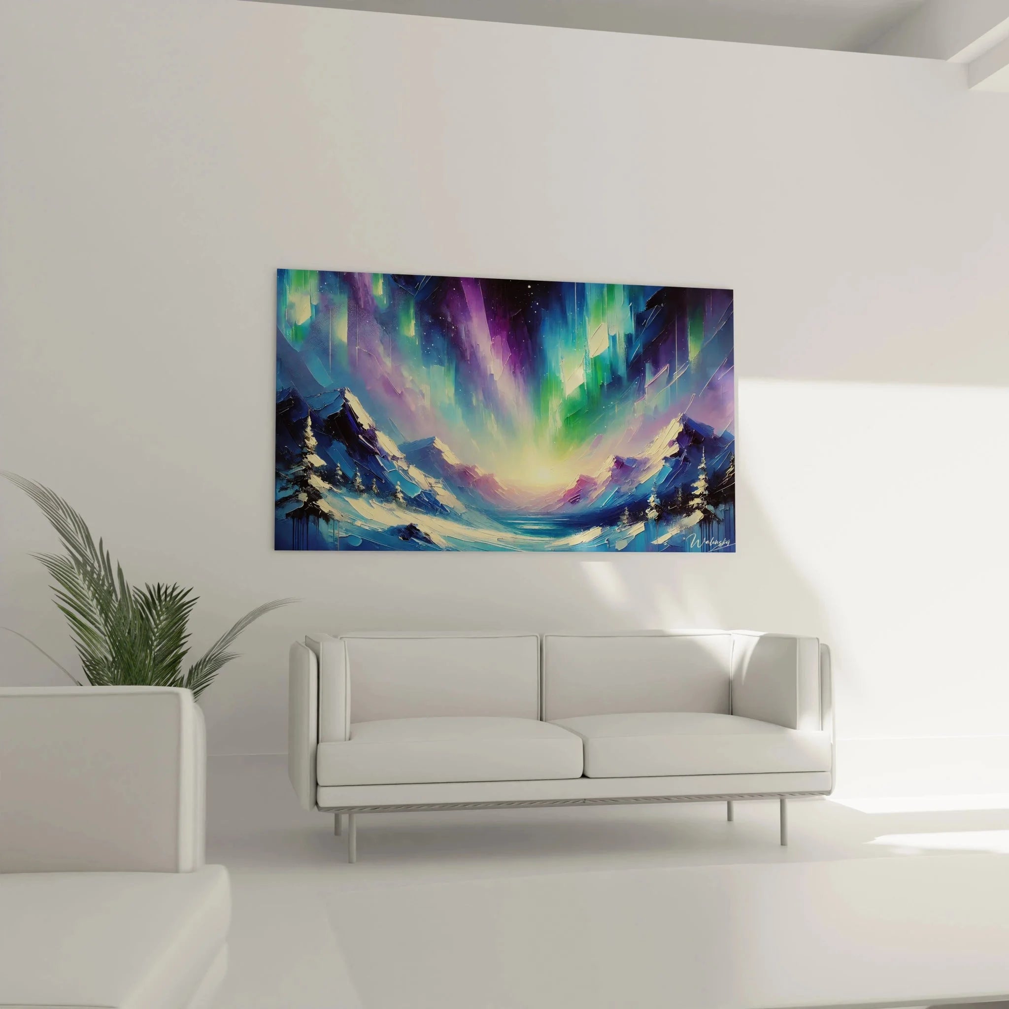 Detailansicht Polarlicht Wandbild mit leuchtenden Aurora Borealis Farben