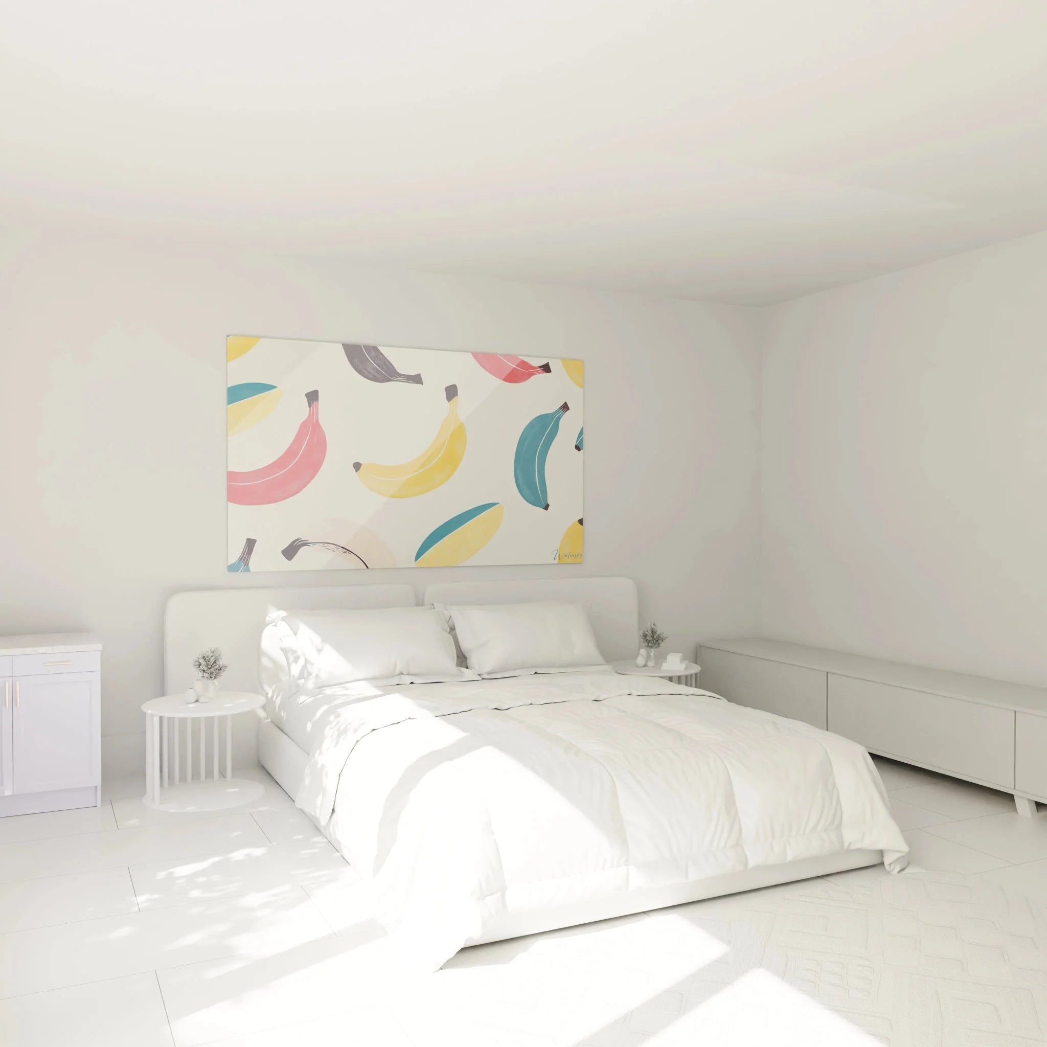 Pop Art Bananen Wandbild als moderne Schlafzimmer Dekoration mit farbenfrohen Früchte Motiven