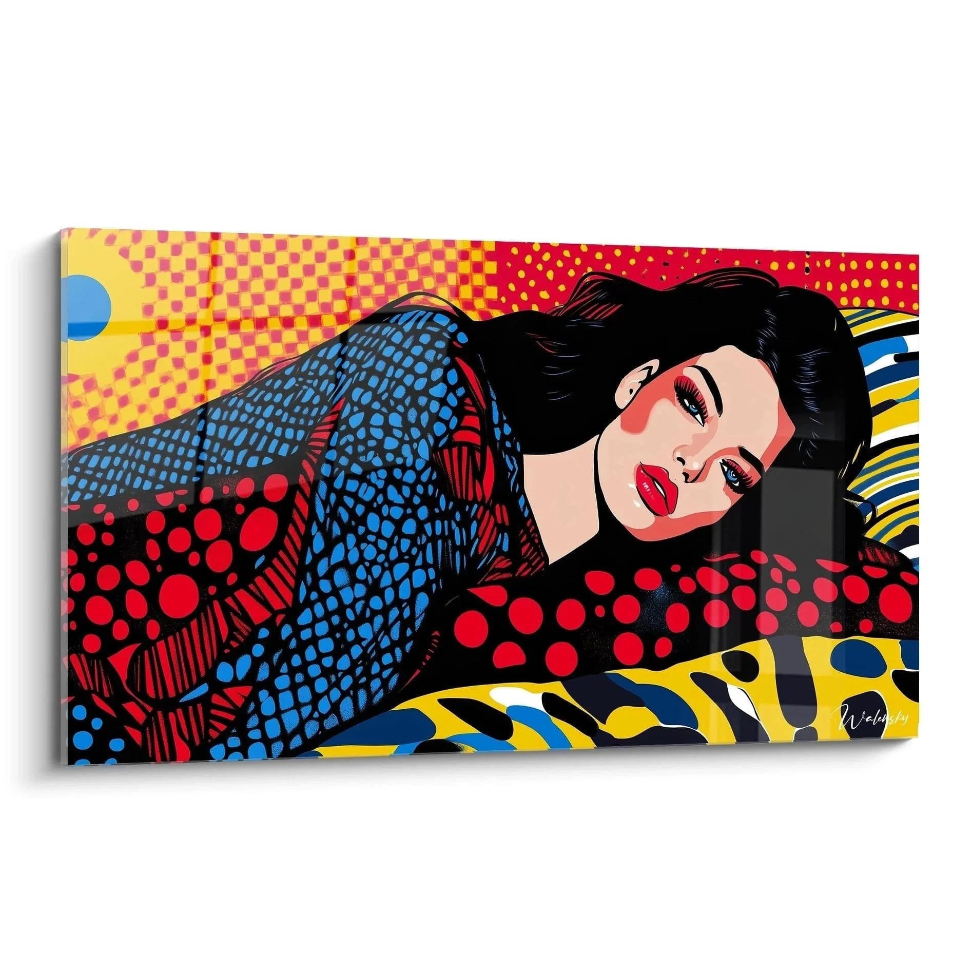 Pop-Art Wandbild liegende Frau im Lichtenstein-Stil mit Rasterpunkten und bunten Mustern