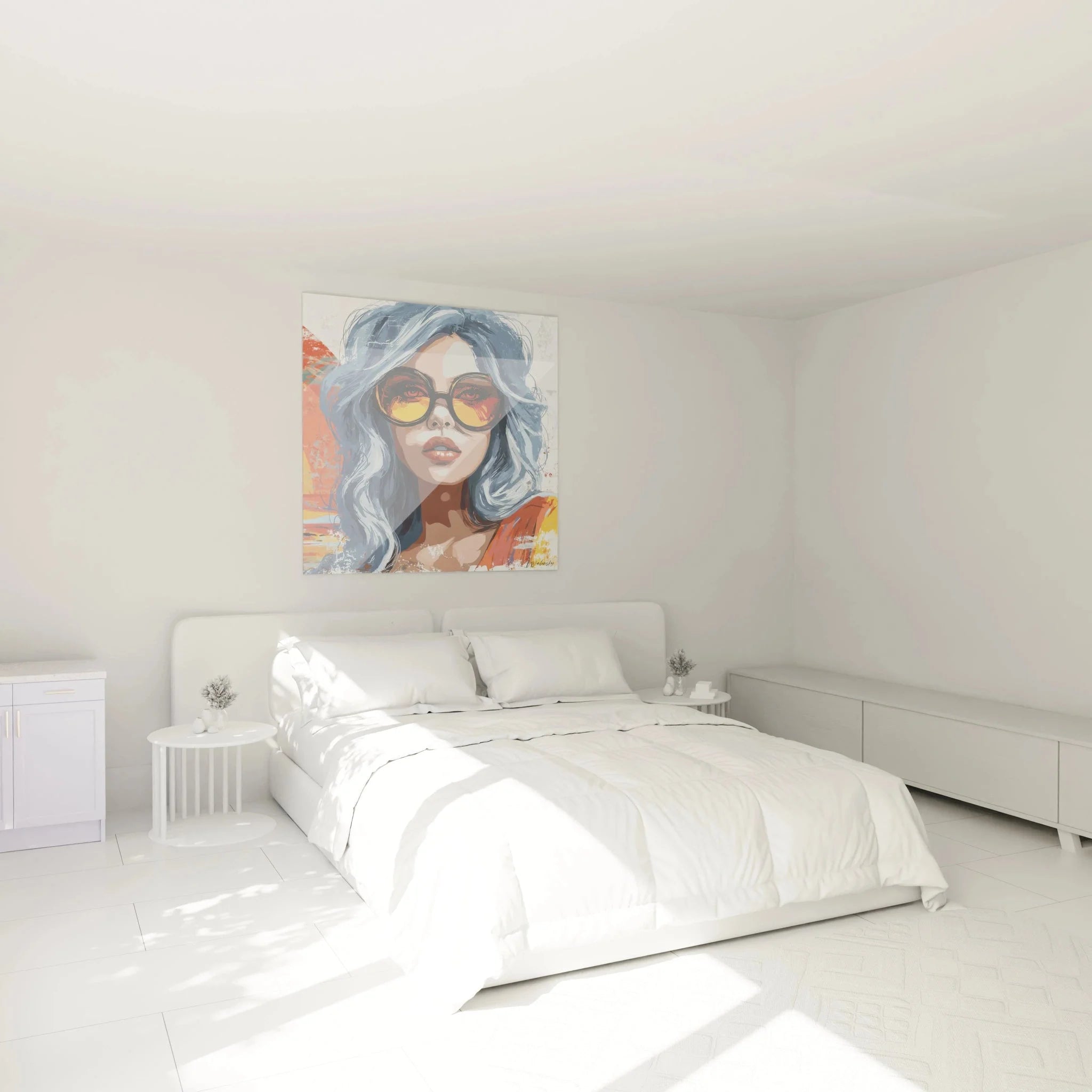 Pop Art Wandbild Frau Sonnenbrille in modernem Schlafzimmer, sommerliche Farben Wanddekoration XXL
