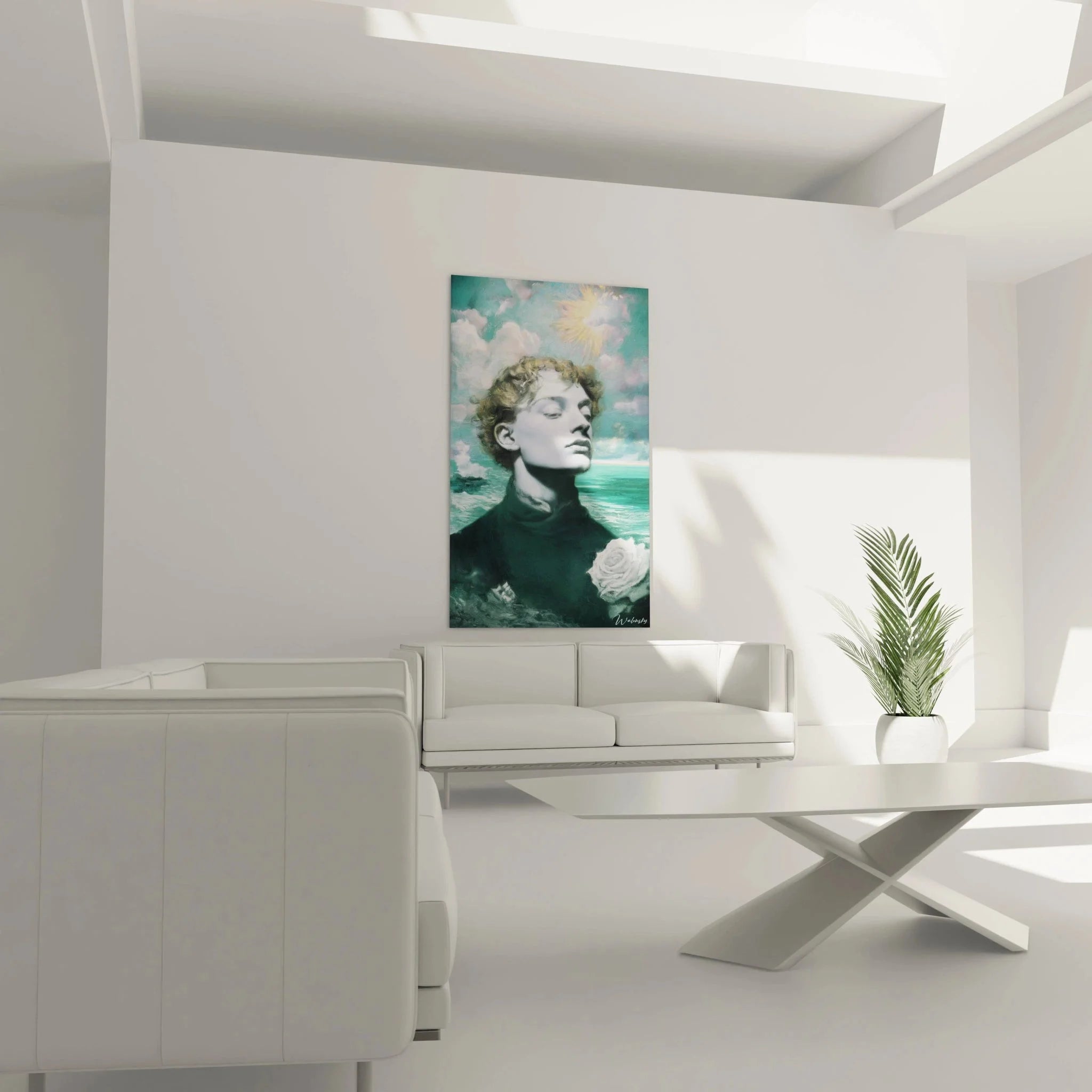 Detailansicht präraffaelitisches Wandbild Gesicht lockiger Träumer symbolische Rose Nahaufnahme