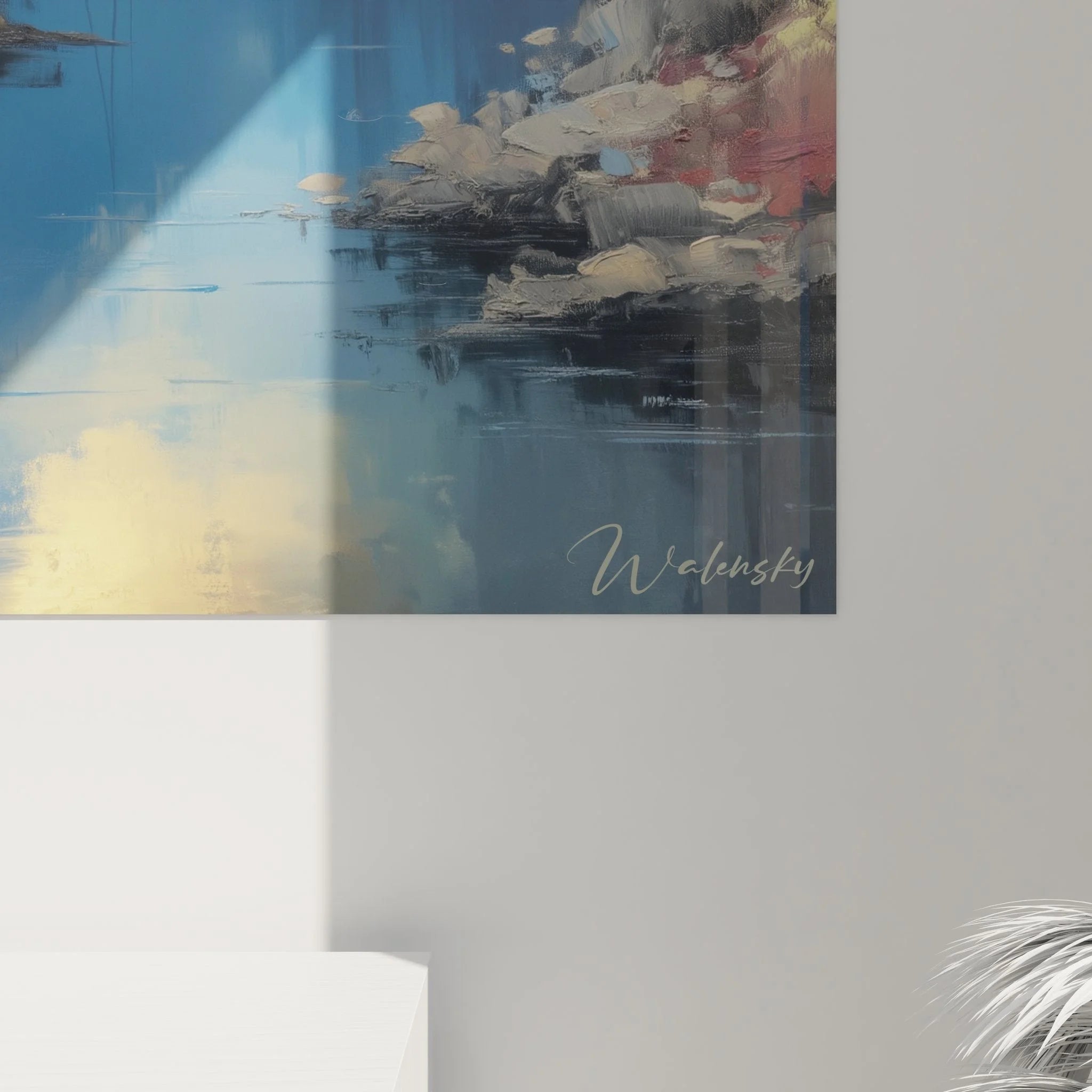 Gesamtansicht Premium Leinwandbild Bergsee - skandinavische Fjordlandschaft mit dramatischem Himmel