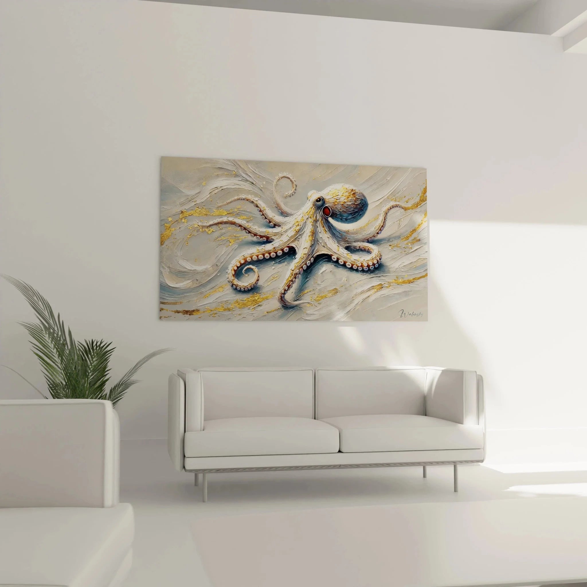 Detailaufnahme Premium Wandbild Oktopus zeigt realistische Saugnäpfe und Goldakzente