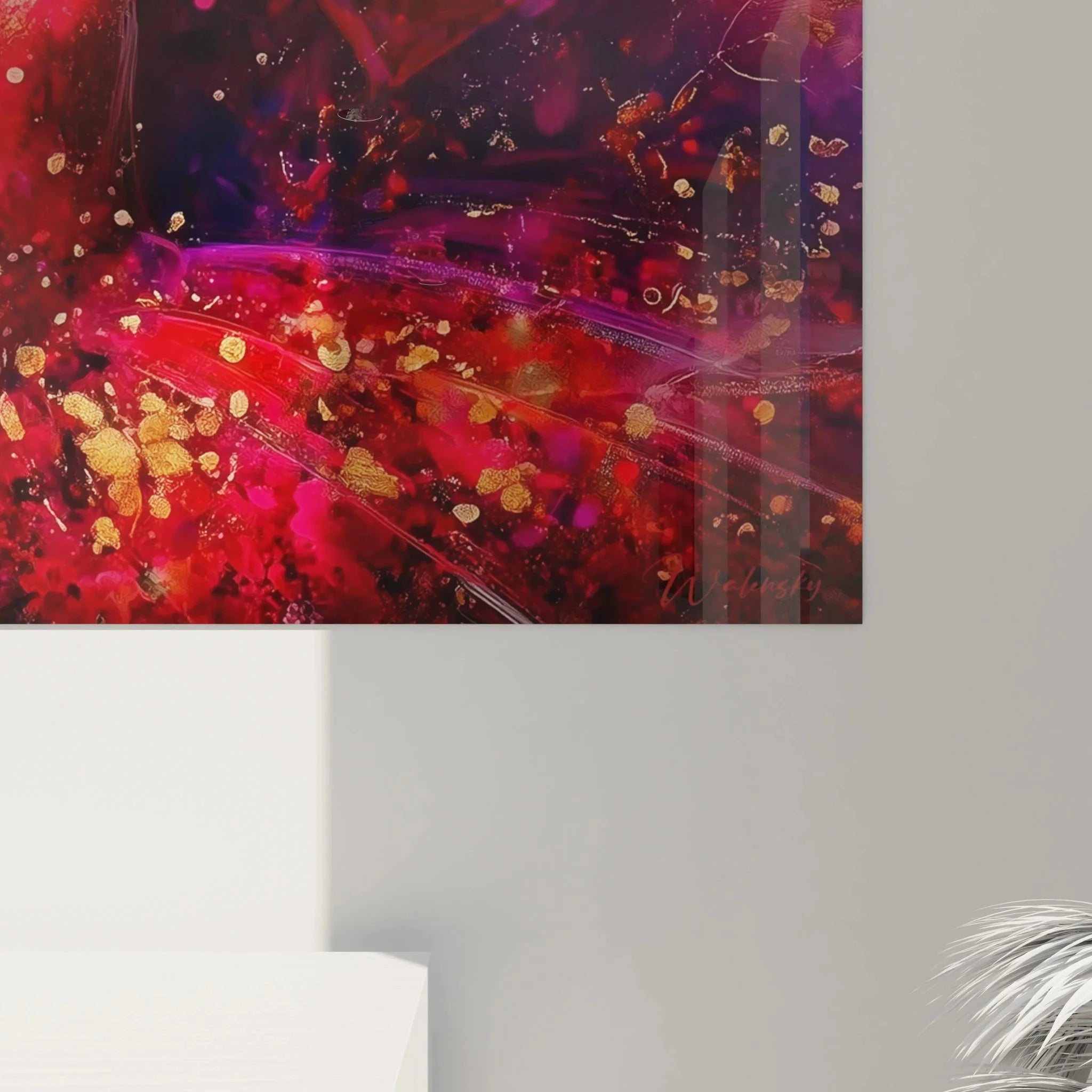 Gesamtansicht Premium Wandbild Valentinstag mit träumender Frau und schwebenden Herzen in Kunstgalerie