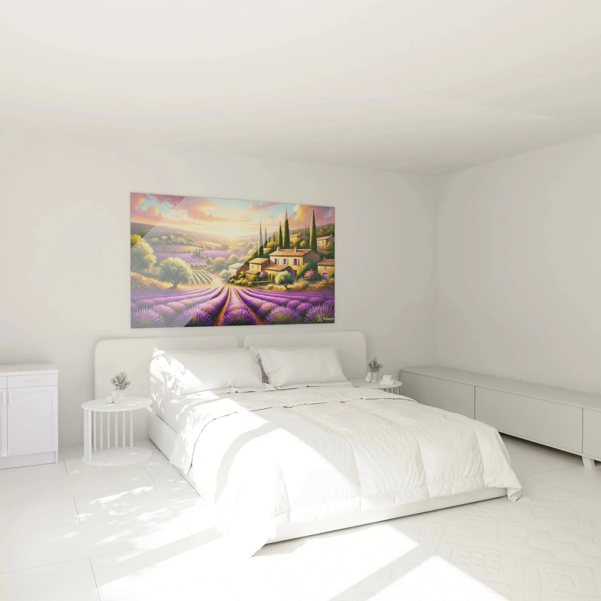 Provence Lavendel Wandbild XXL in modernem Schlafzimmer mit französischer Landschaftsmalerei als Wanddekoration