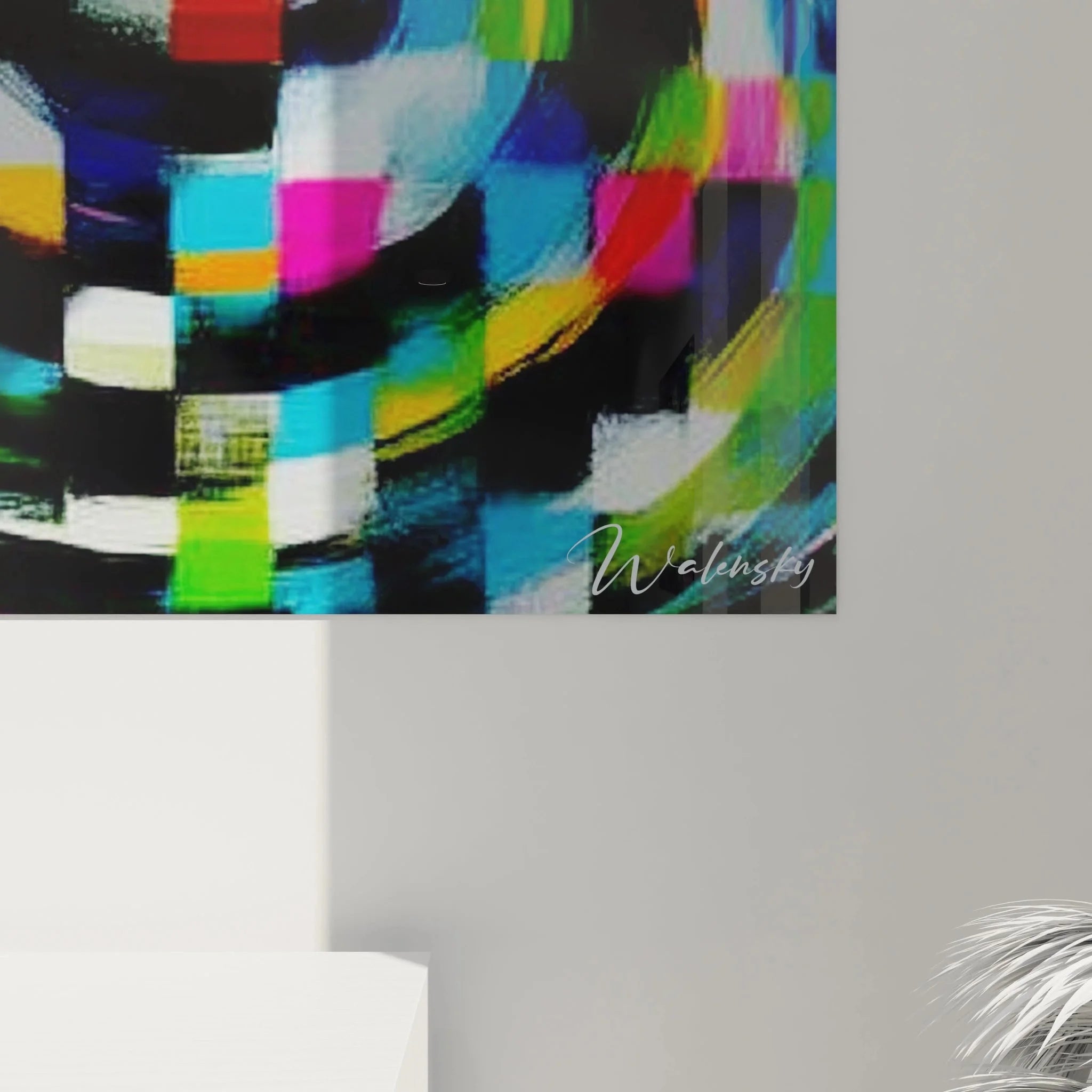 Gesamtansicht psychedelisches Op Art Wandbild mit konzentrischen Kreisen und Spiralmustern