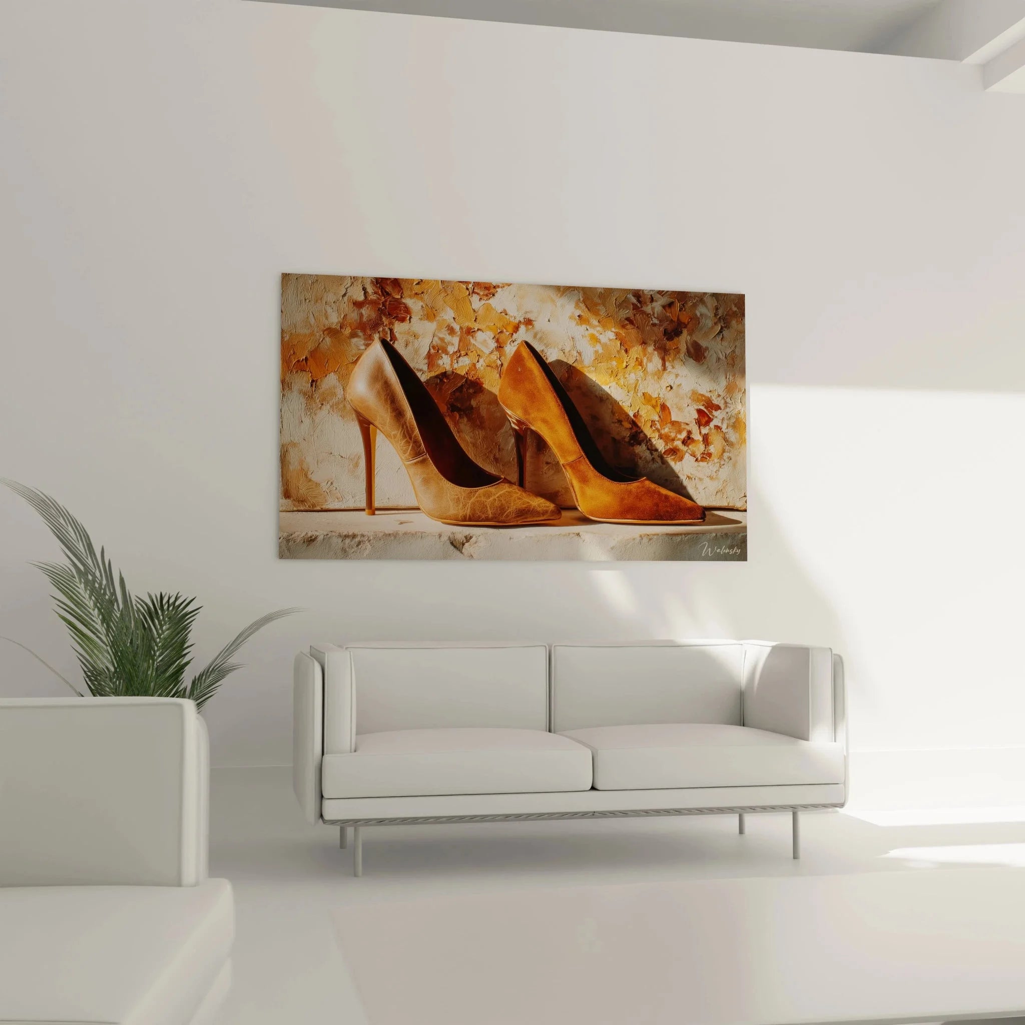 Detailansicht elegante Pumps Wandkunst mit texturiertem Hintergrund in Erdtönen
