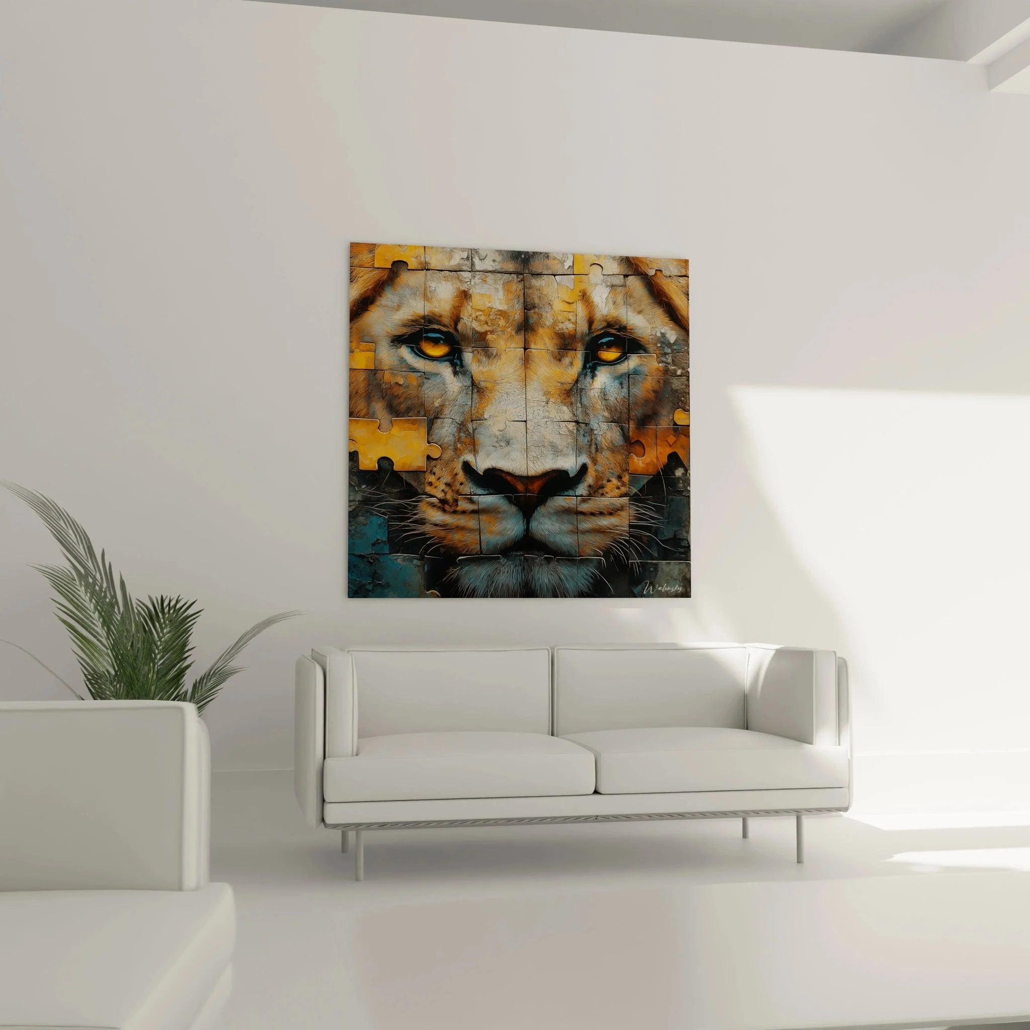 Detailaufnahme der Puzzle-Struktur des Löwenkopf Wandbildes mit sichtbaren Fragmenten