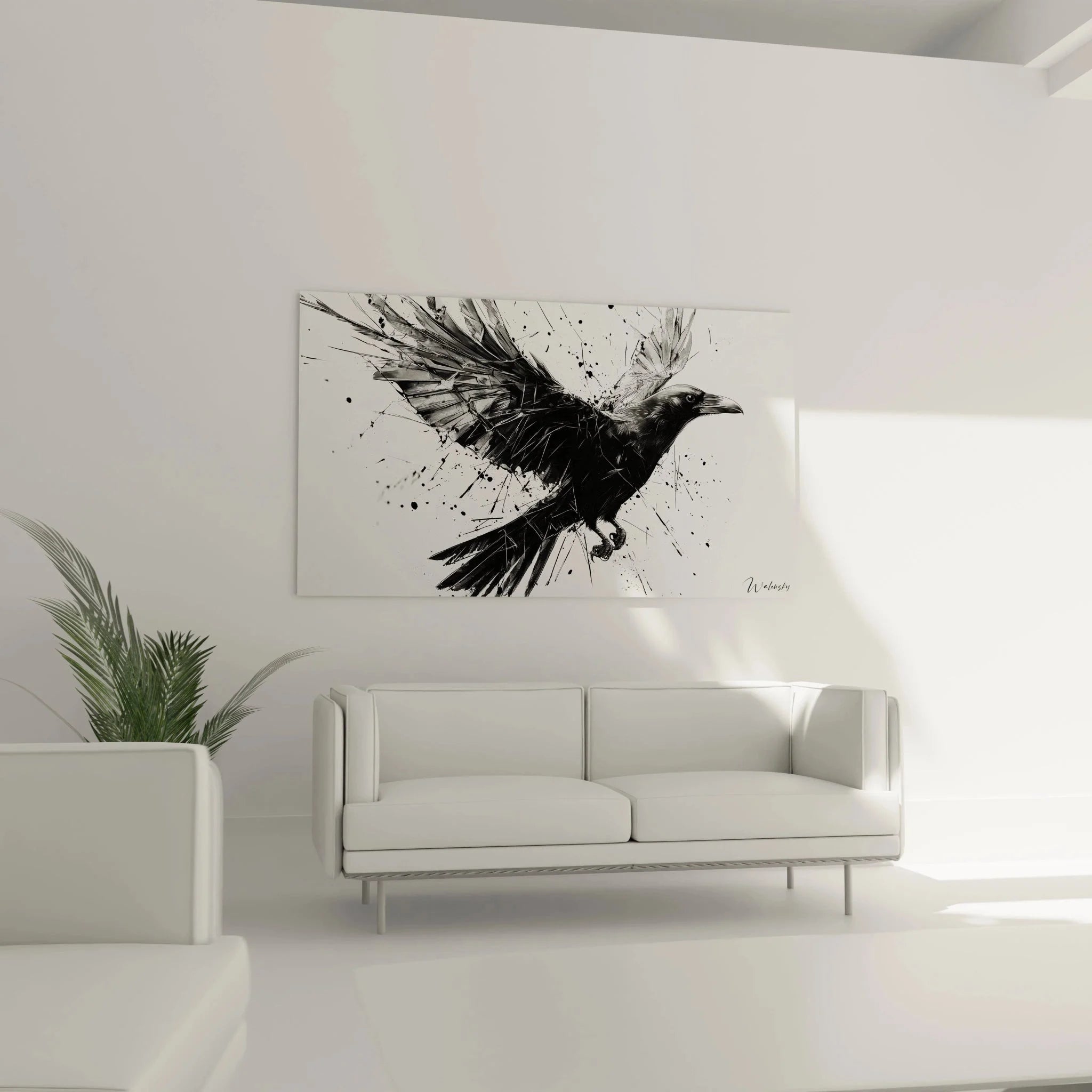 Detailansicht der expressiven Pinselführung und Texturen im Raben Wandbild