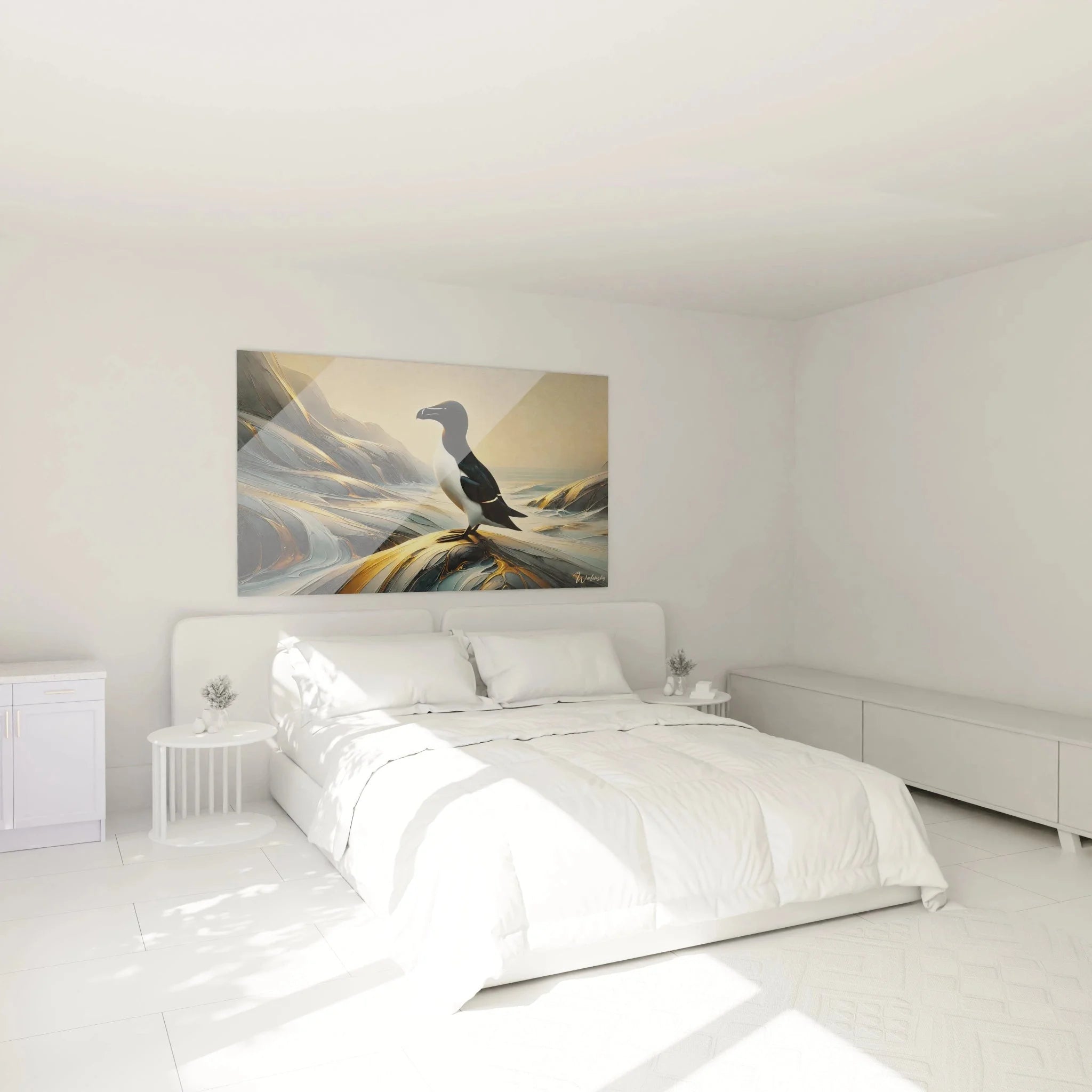 Razorbill Alkenvogel Wandbild im Schlafzimmer, maritime Dekoration mit goldenen Klippen als Wandkunst
